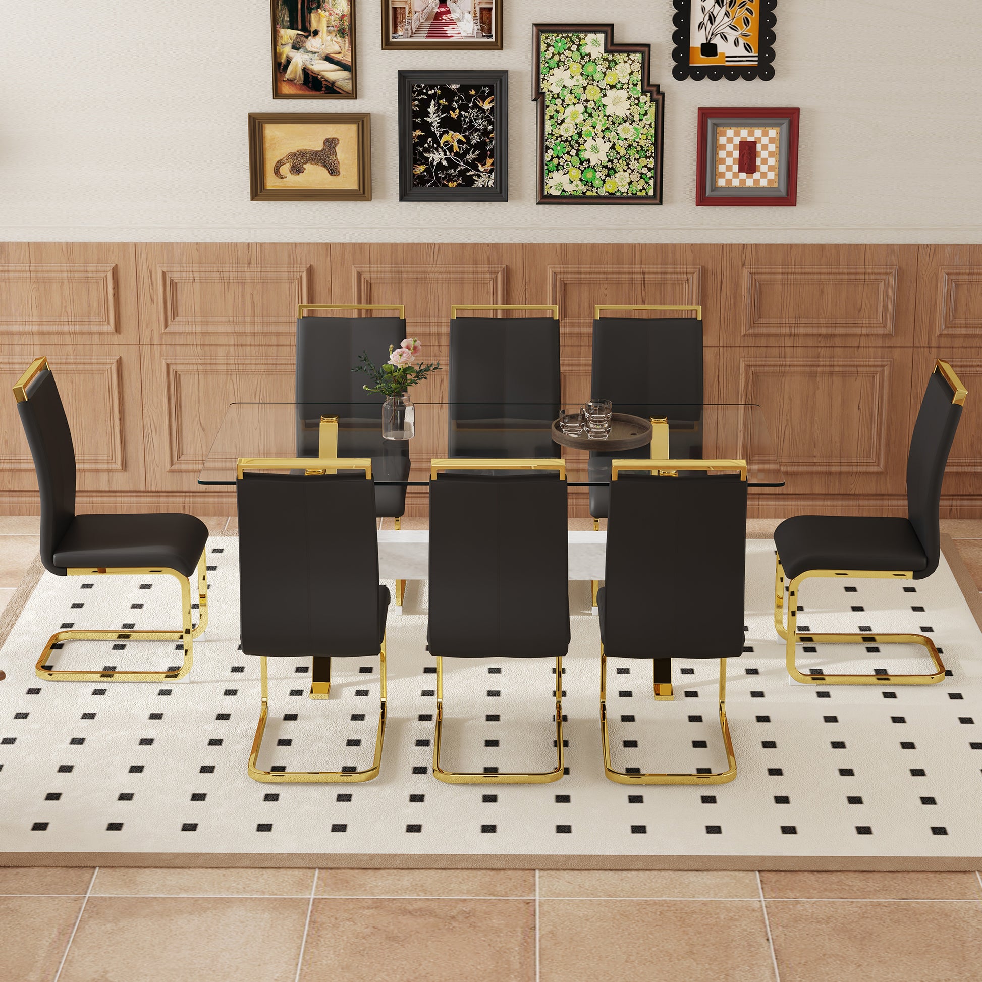 Modern black faux leather dining chair with gold frame