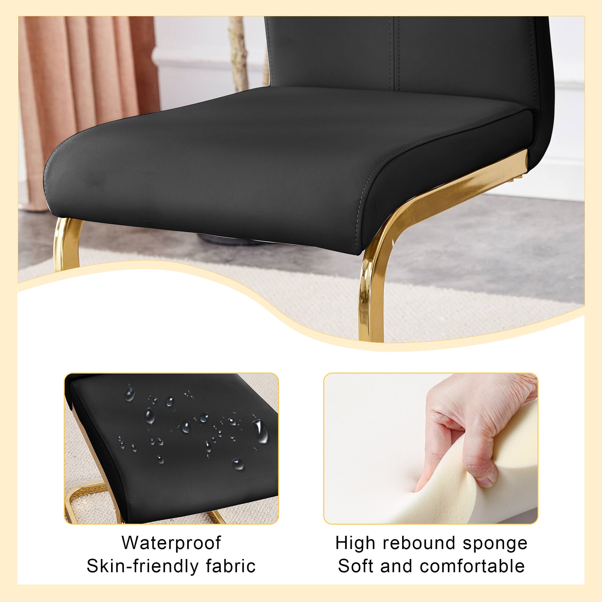 Black faux leather dining chair with gold metal legs and detailed stitching