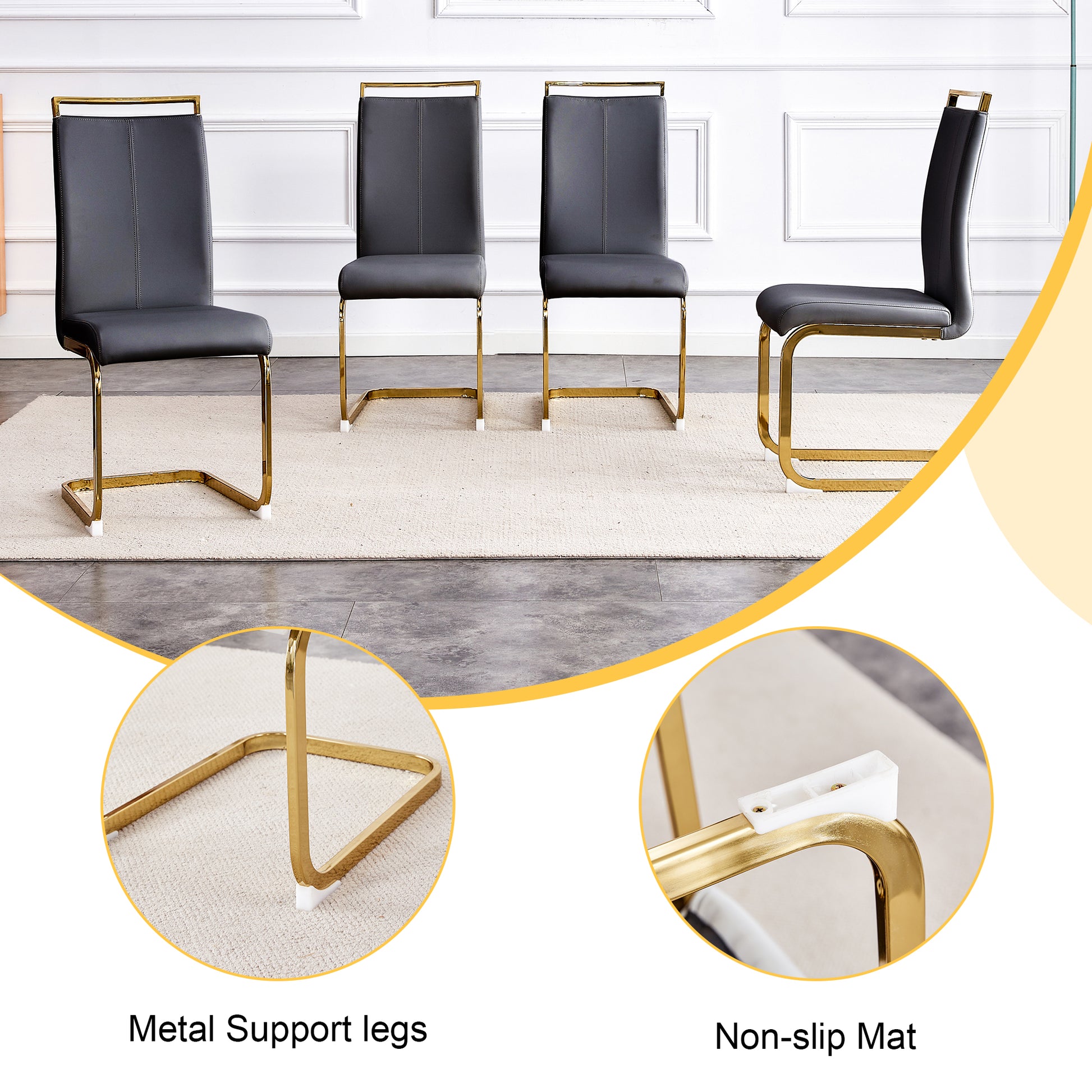 Modern dining chair with dark gray faux leather seat and gold metal frame