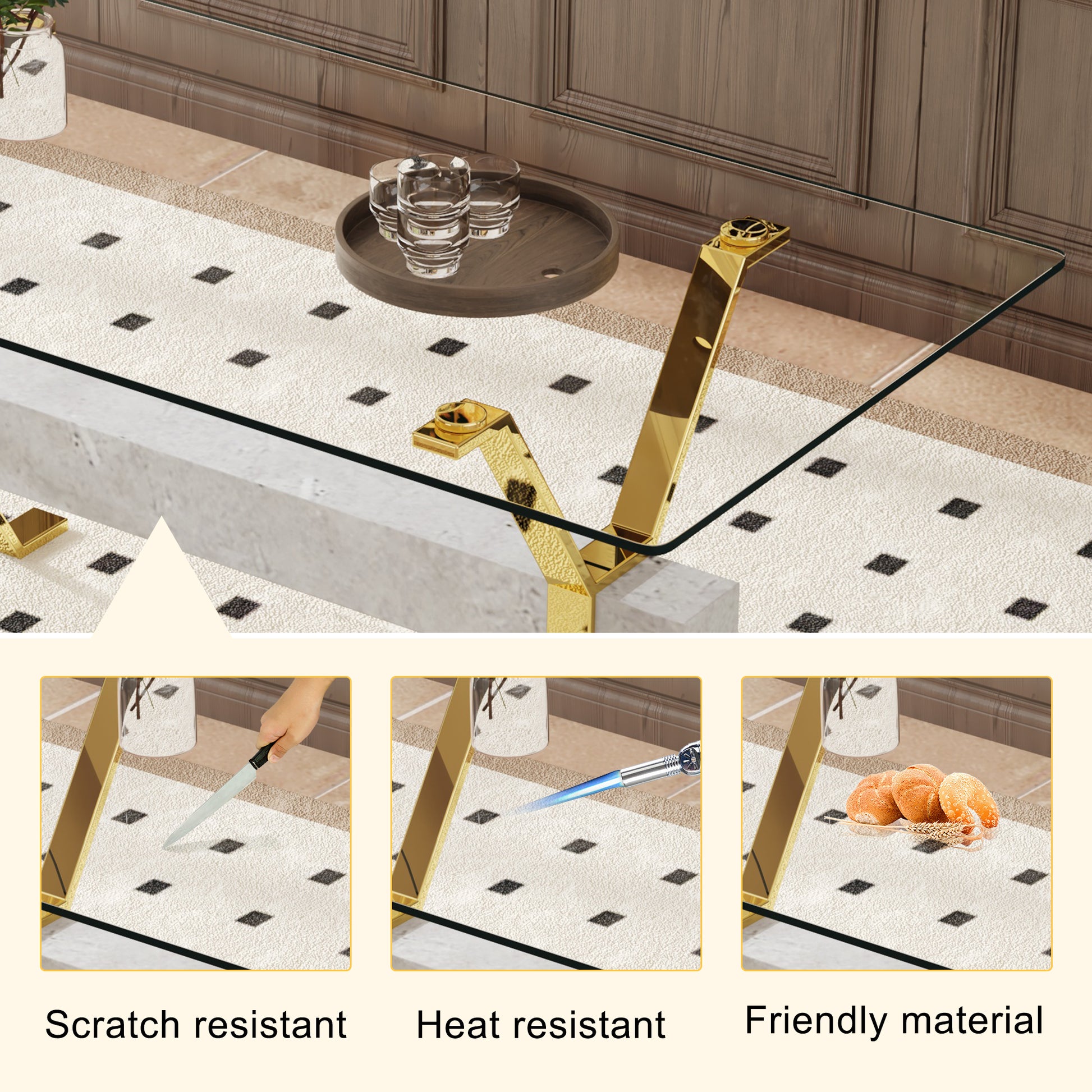 Modern glass coffee table with polished gold legs and marble base