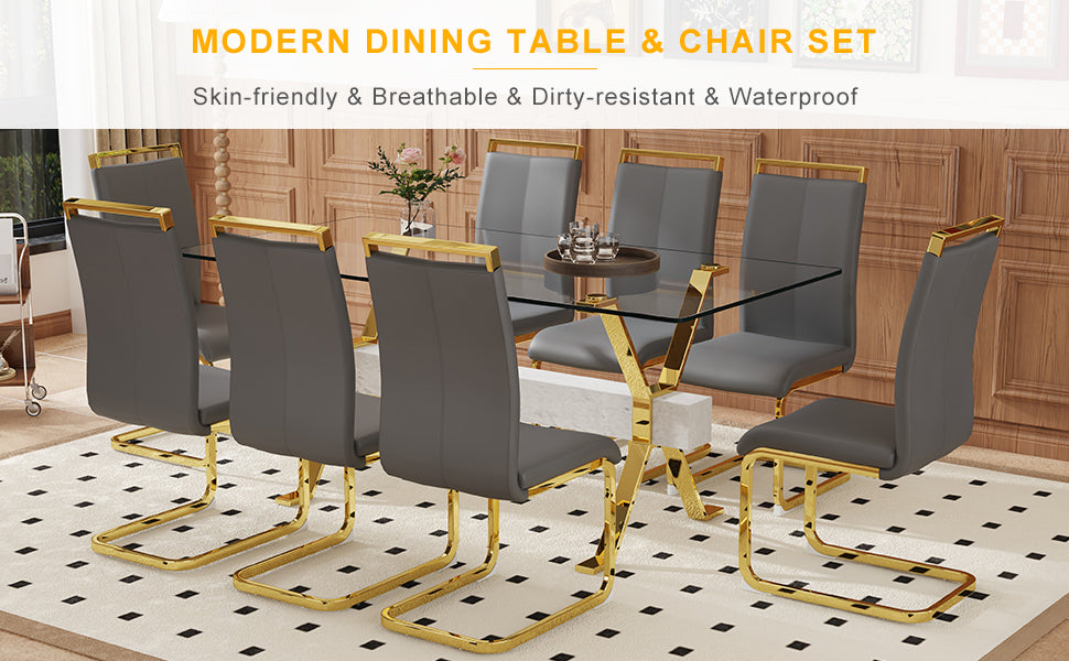 Modern dining table and chair set with glass top and gold legs