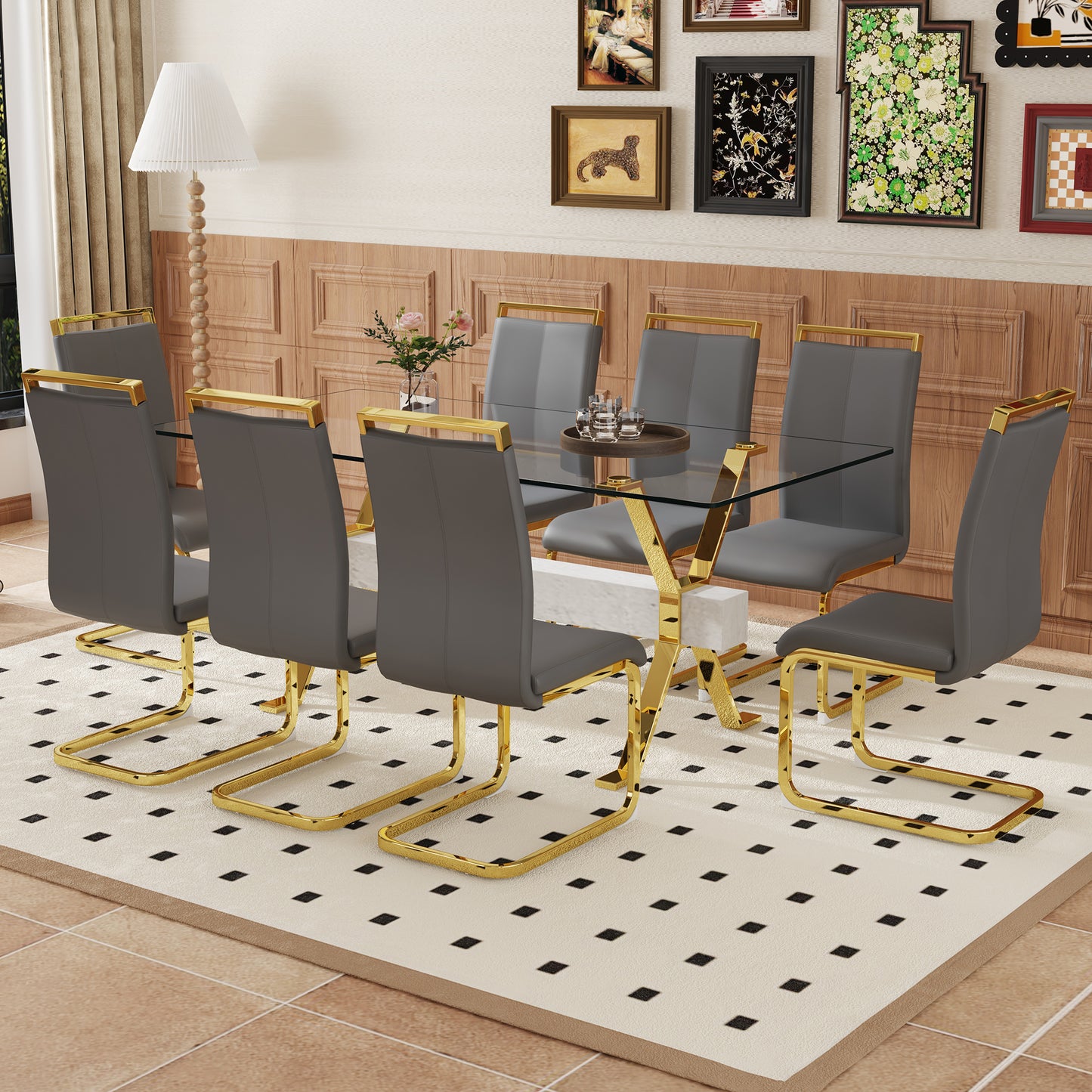 Modern gray dining chairs with gold legs around a glass table