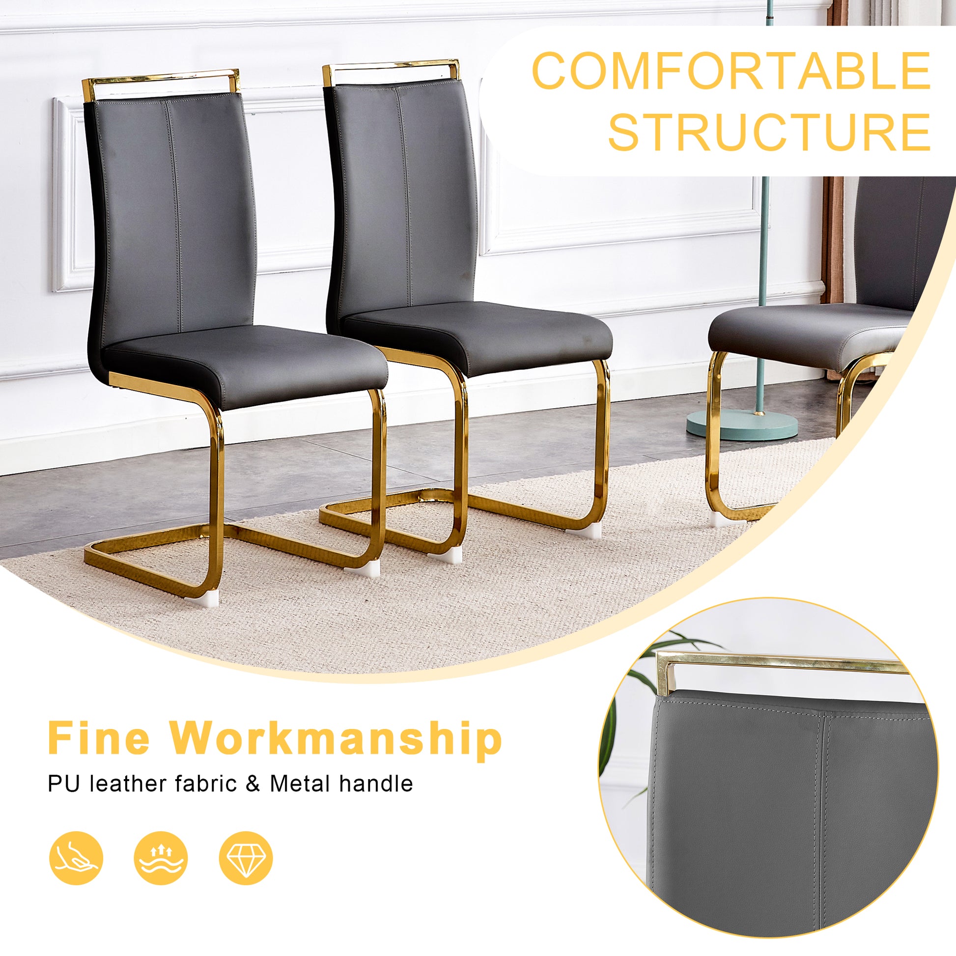 Gray PU leather dining chairs with gold metal cantilever legs