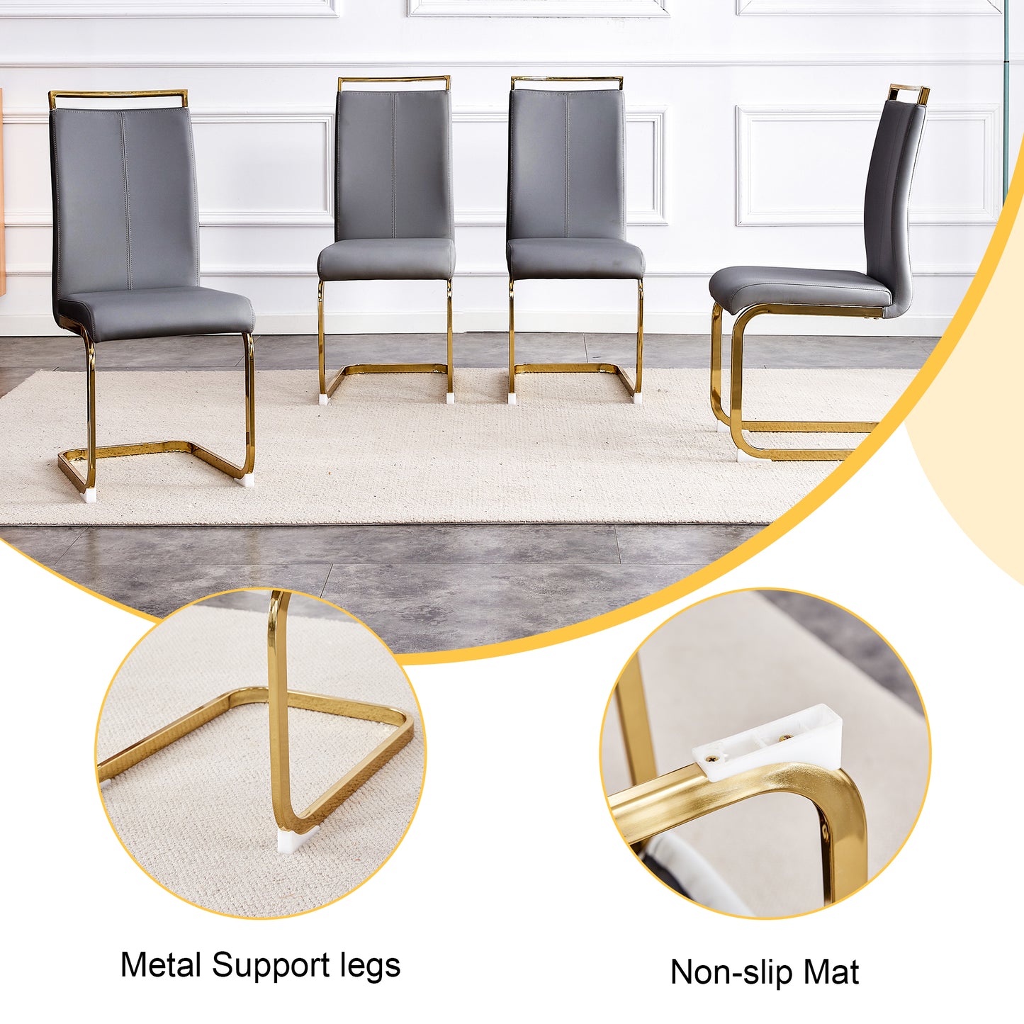 Modern gray faux leather dining chair with gold metal legs