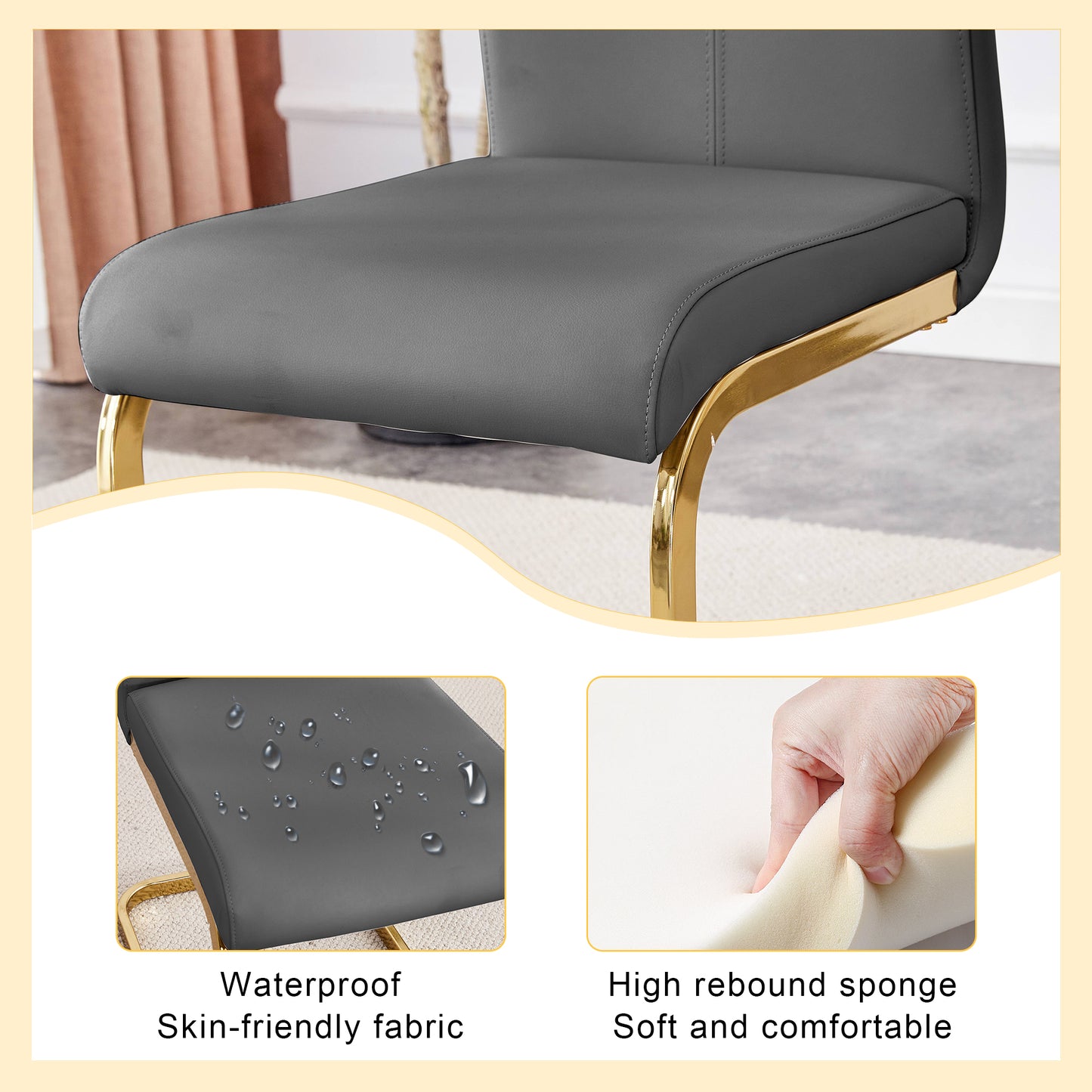 Gray faux leather dining chair seat with gold metal legs a modern and stylish accent
