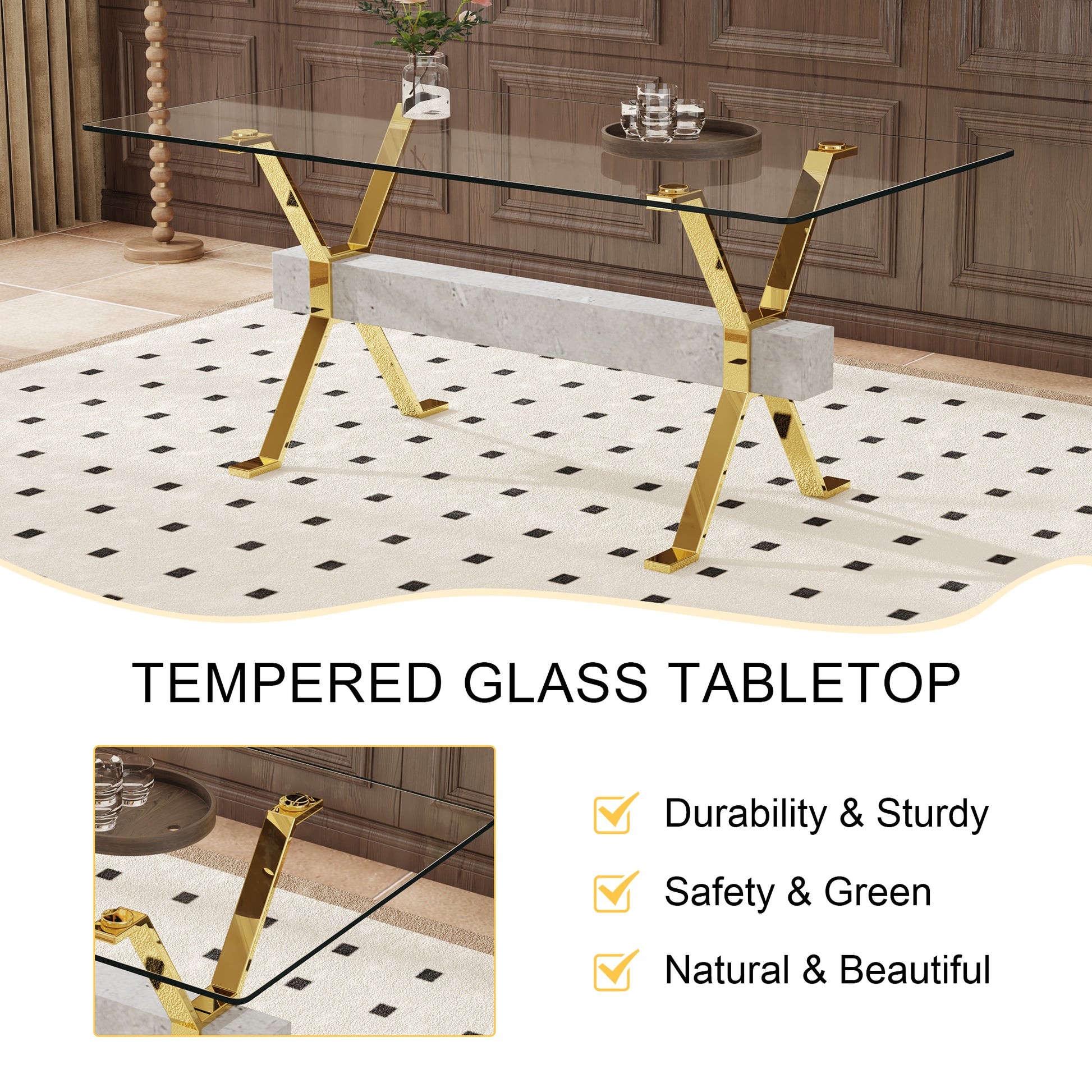 Tempered glass tabletop with gold Xframe legs and a concrete accent
