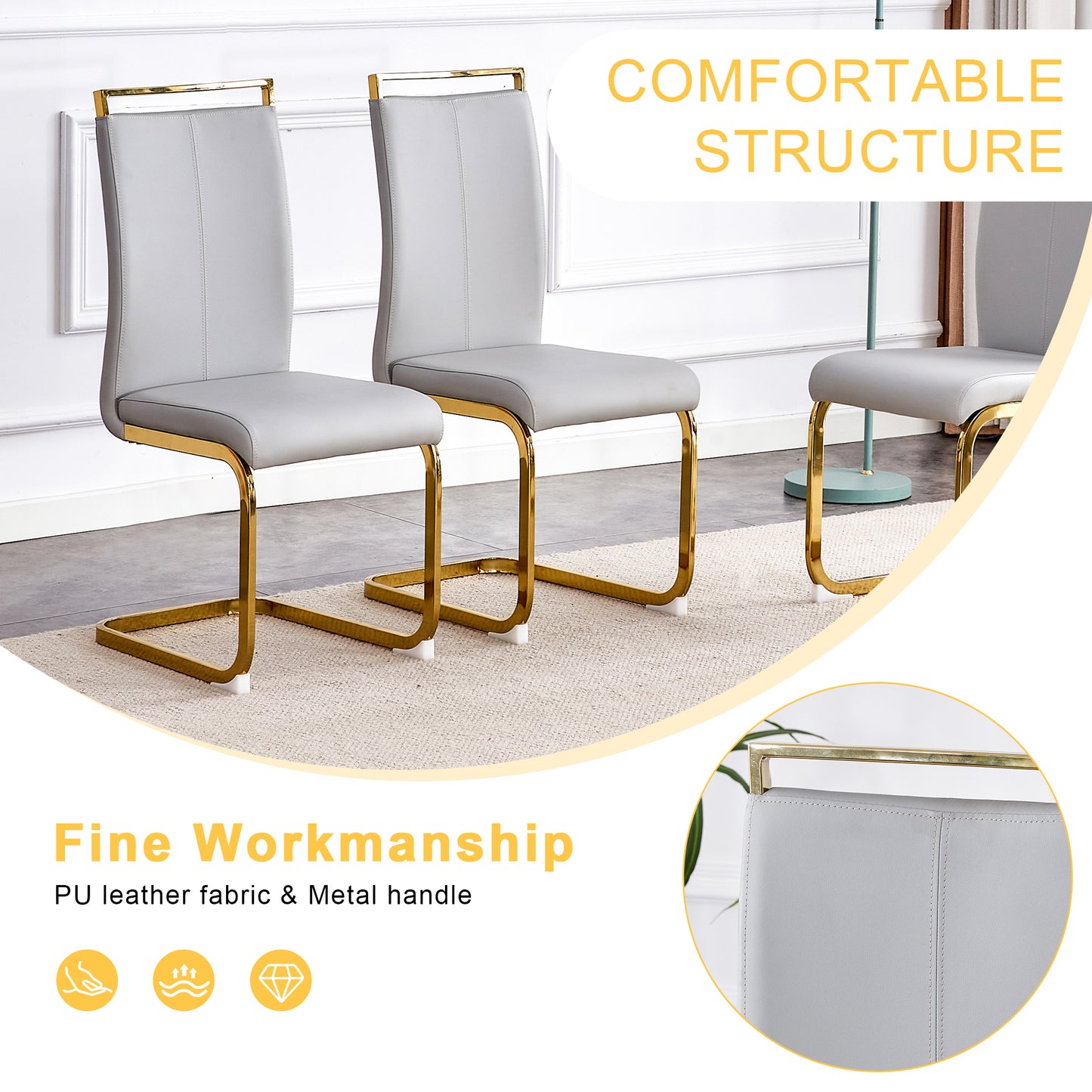Modern grey PU leather dining chair with gold metal cantilever legs