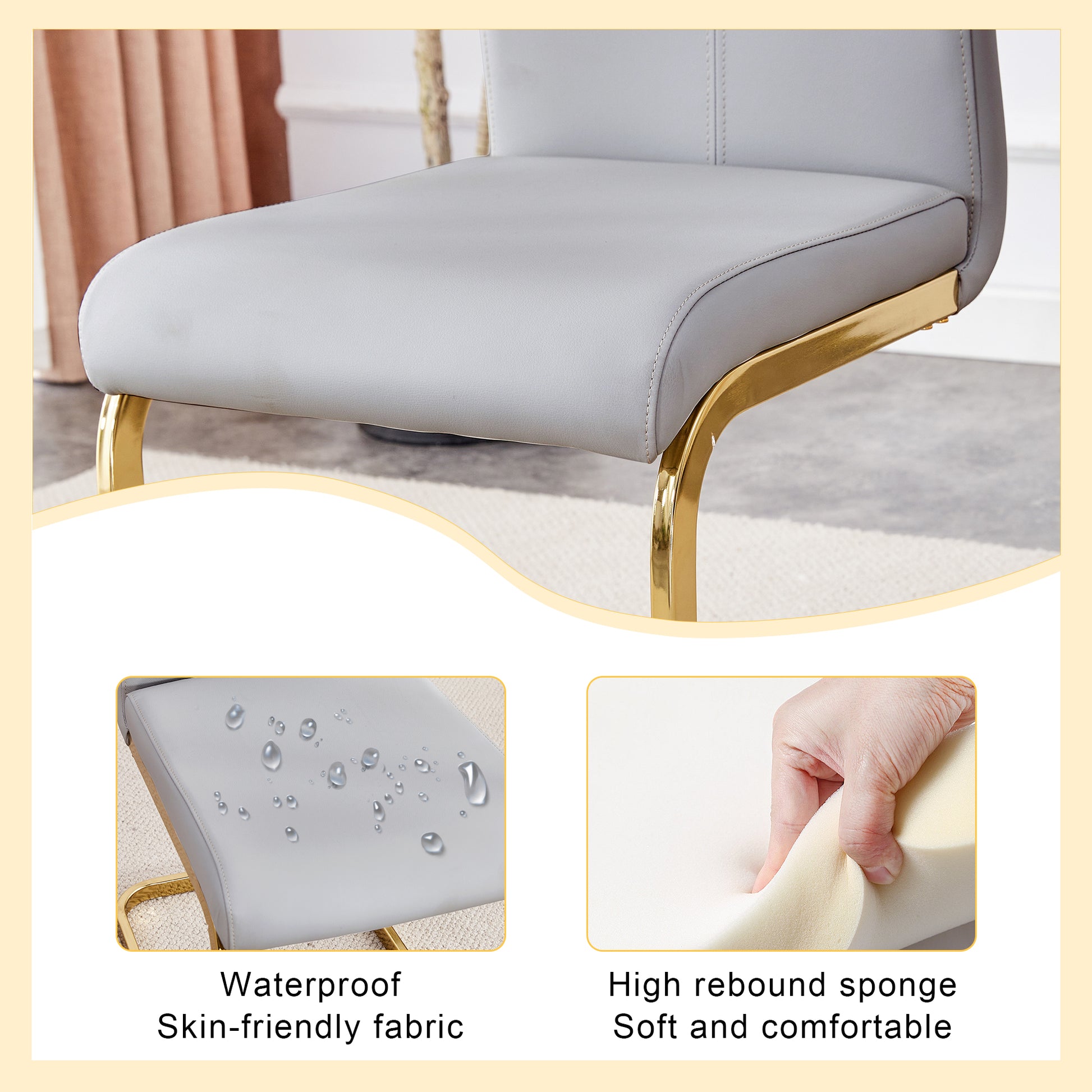Closeup of a grey vegan leather chair seat with gold metal legs showcasing stitching