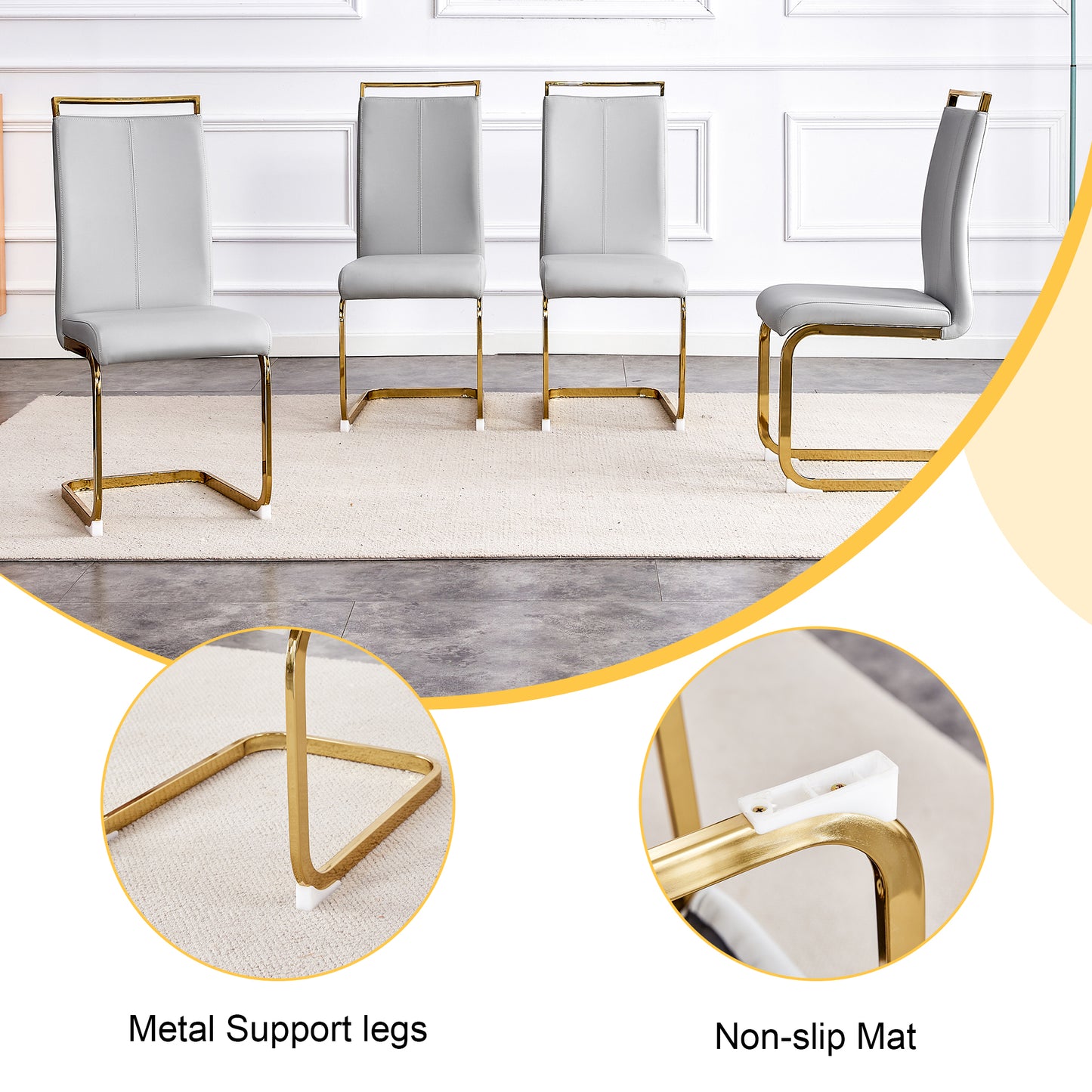 Gray faux leather dining chair with gold metal legs