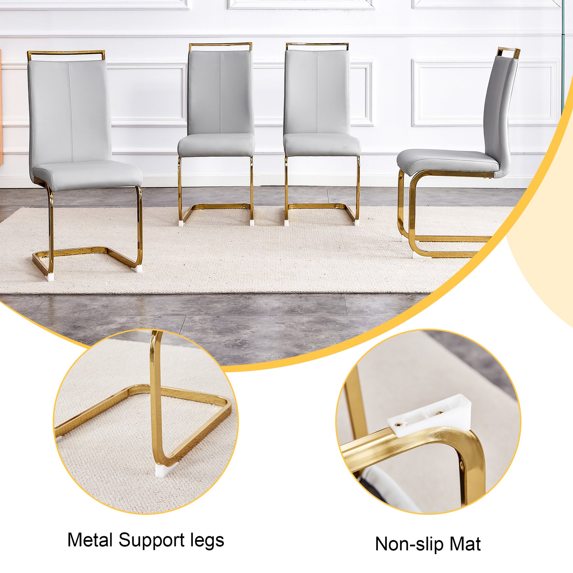 Gray faux leather dining chair with gold metal legs