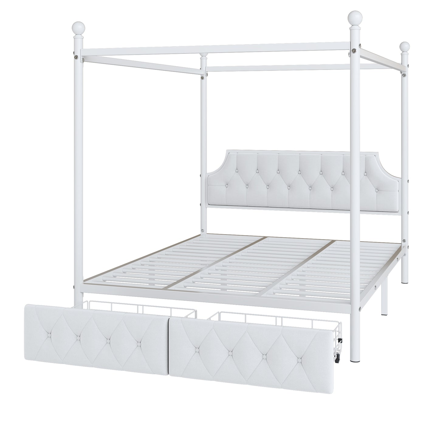 White metal canopy bed frame with tufted headboard and two storage drawers
