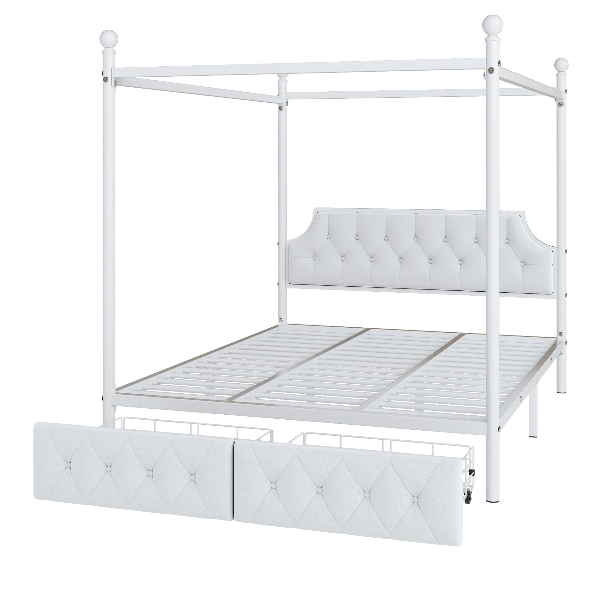 White metal canopy bed frame with tufted headboard and two storage drawers
