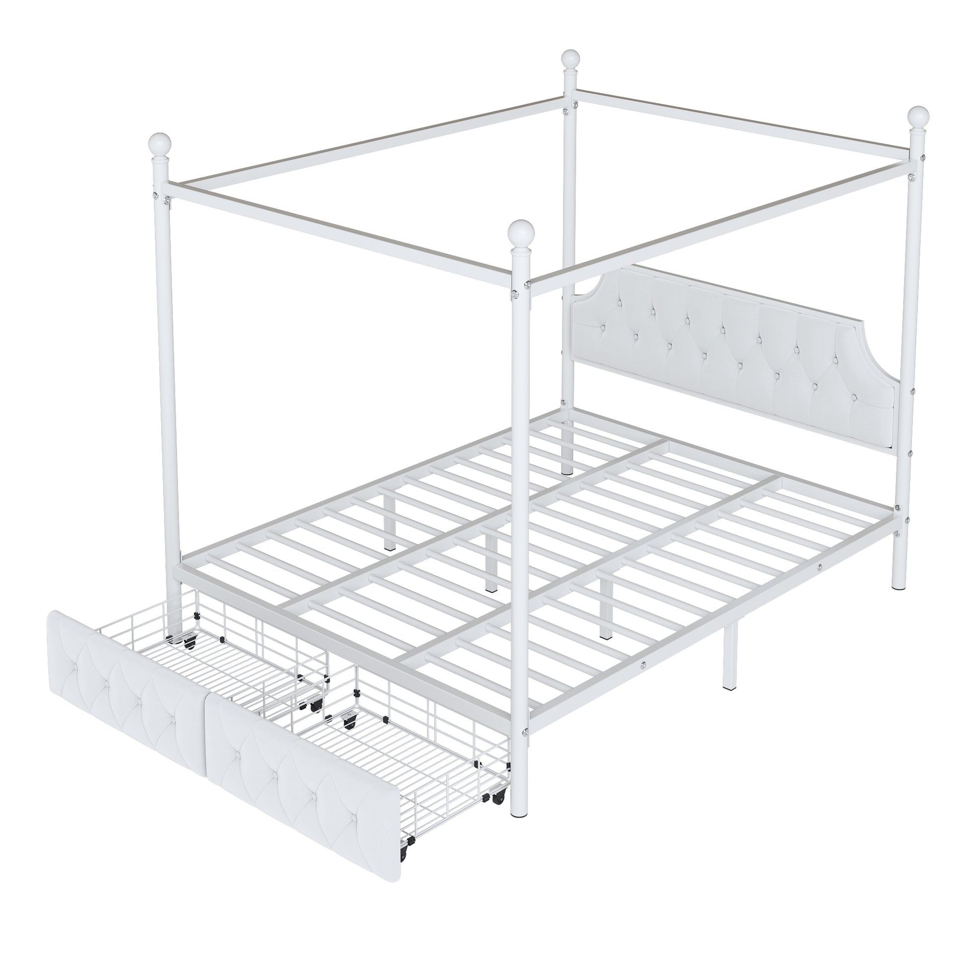 White metal canopy bed frame with tufted headboard and two storage drawers