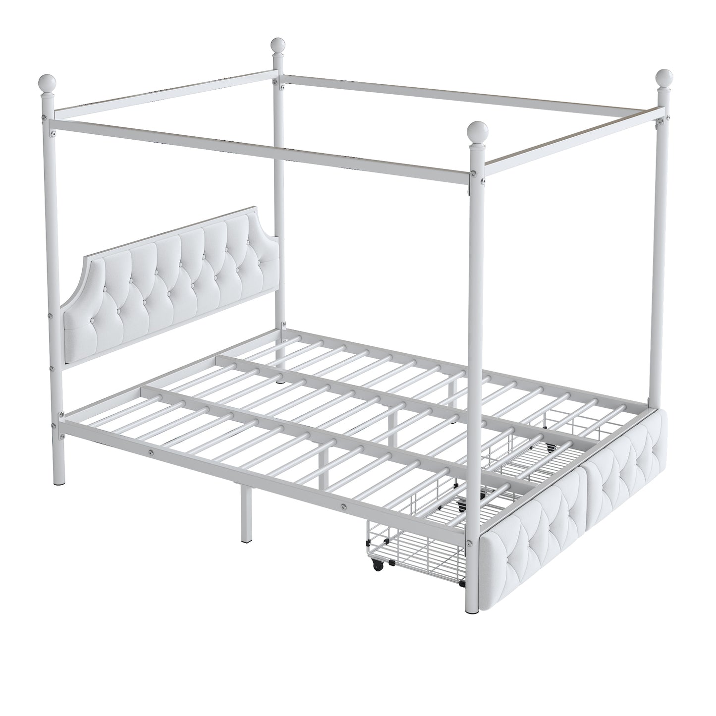 White metal canopy bed with tufted headboard and storage drawers
