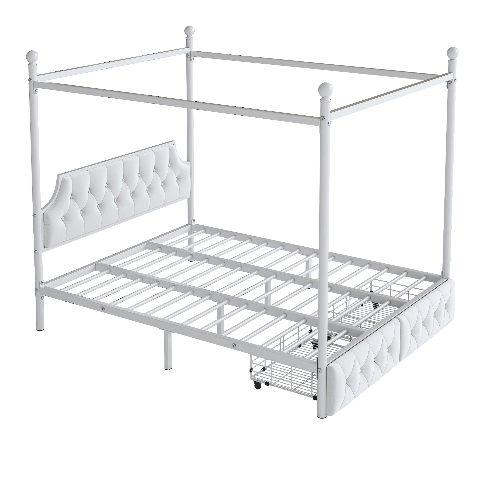 White metal canopy bed with tufted headboard and storage drawers