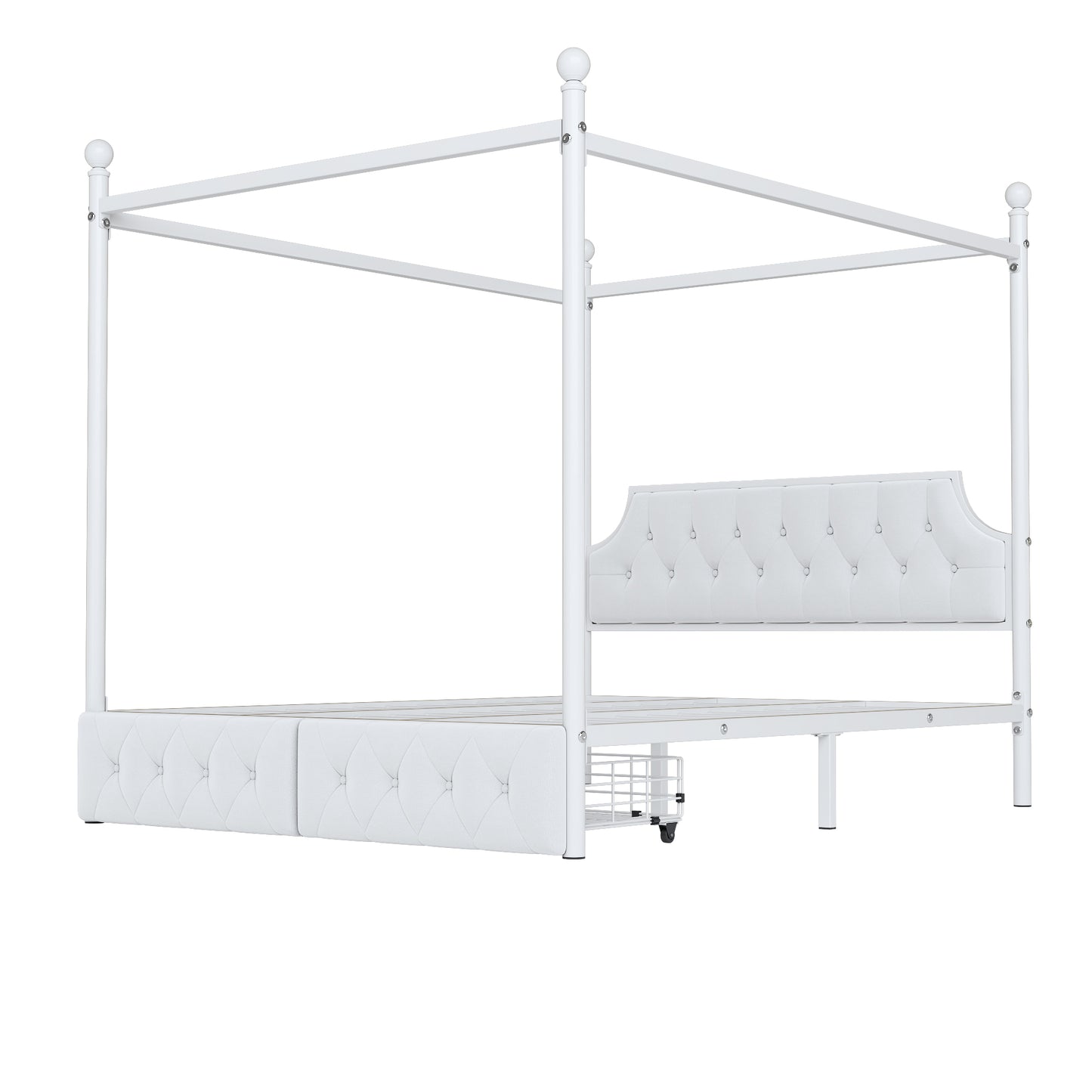 White metal canopy bed frame with diamond tufted headboard and footboard