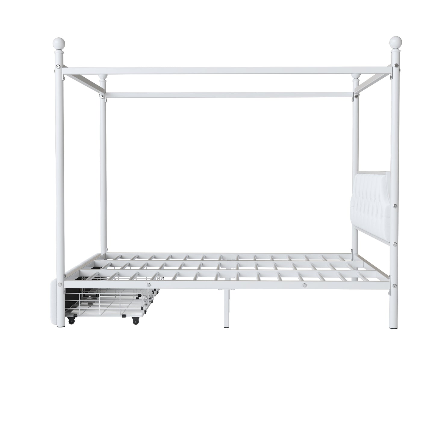 White metal canopy bed frame with upholstered headboard and storage drawers