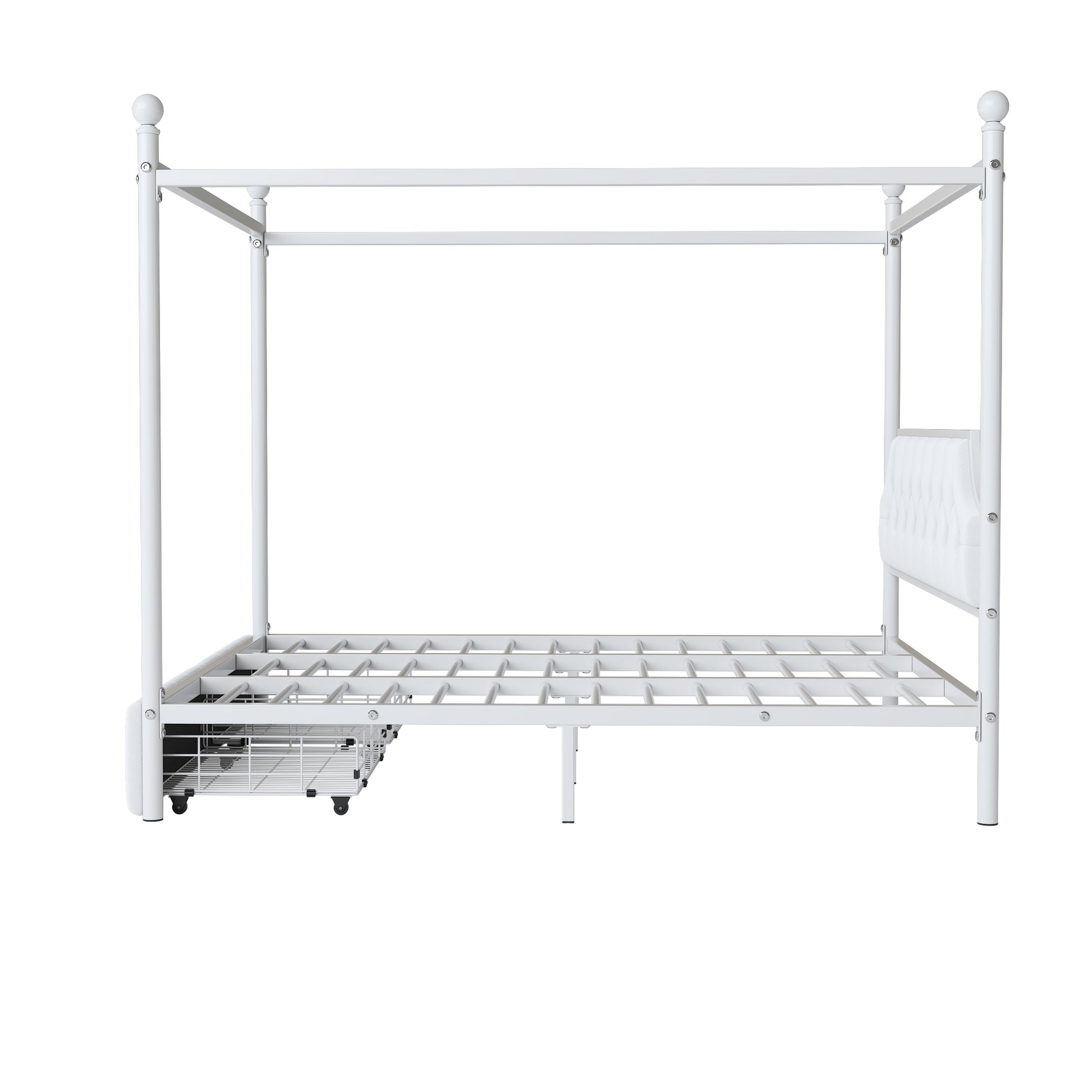 White metal canopy bed frame with upholstered headboard and storage drawers