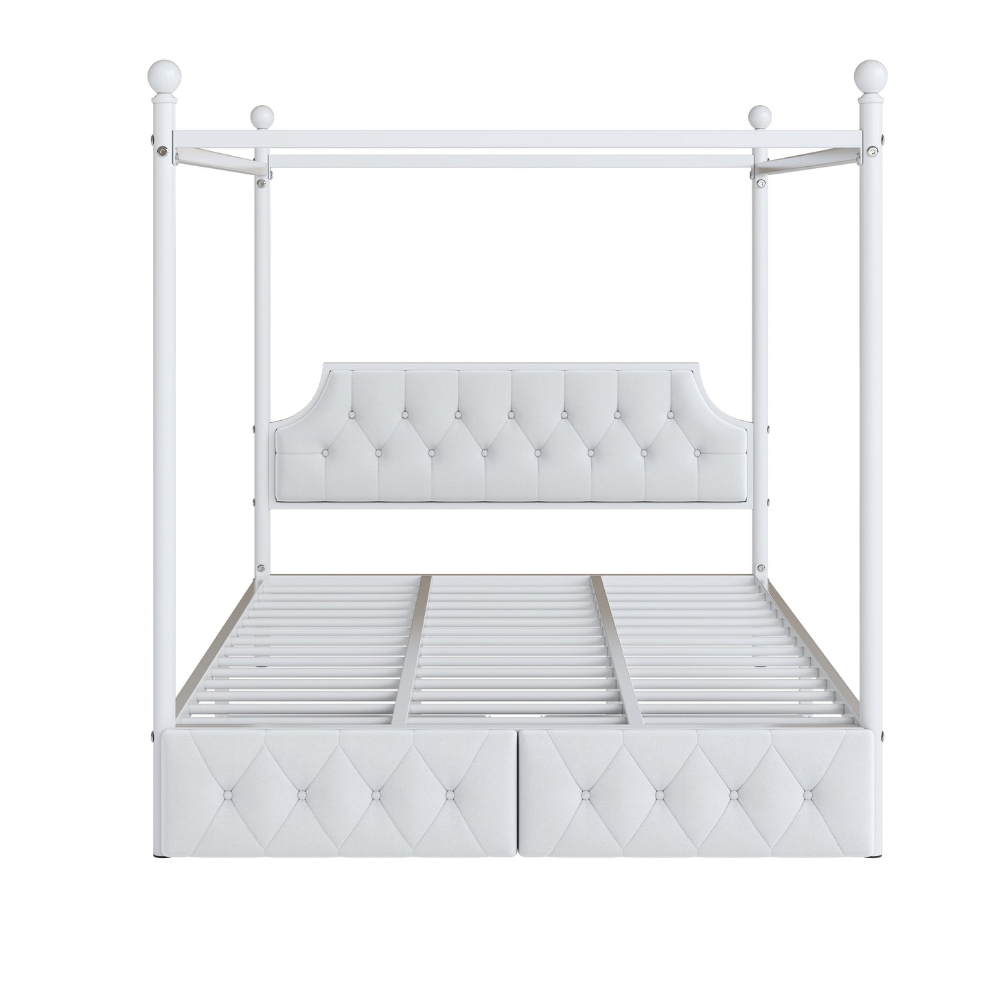 White upholstered canopy bed with tufted headboard and storage drawers