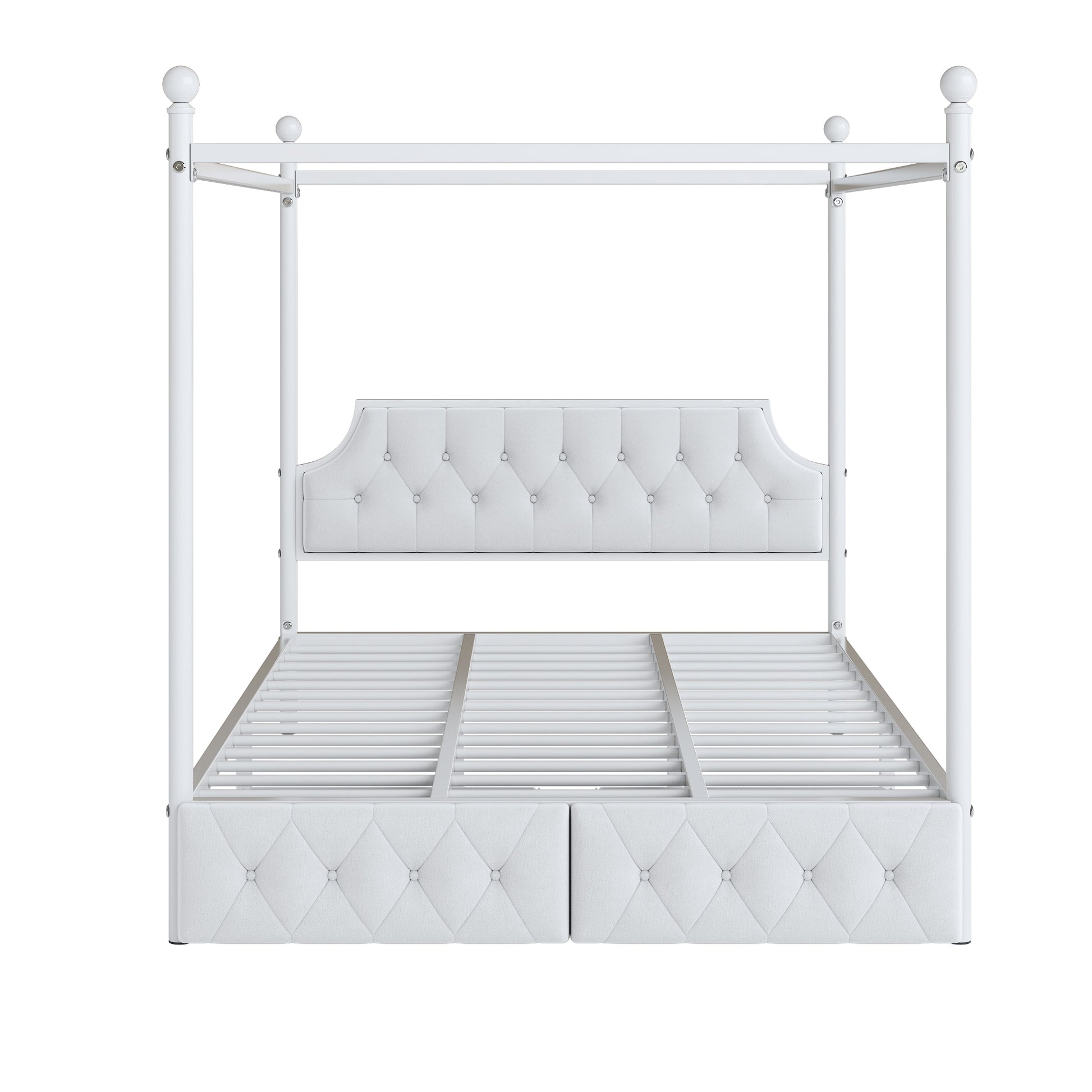 White upholstered canopy bed with tufted headboard and storage drawers