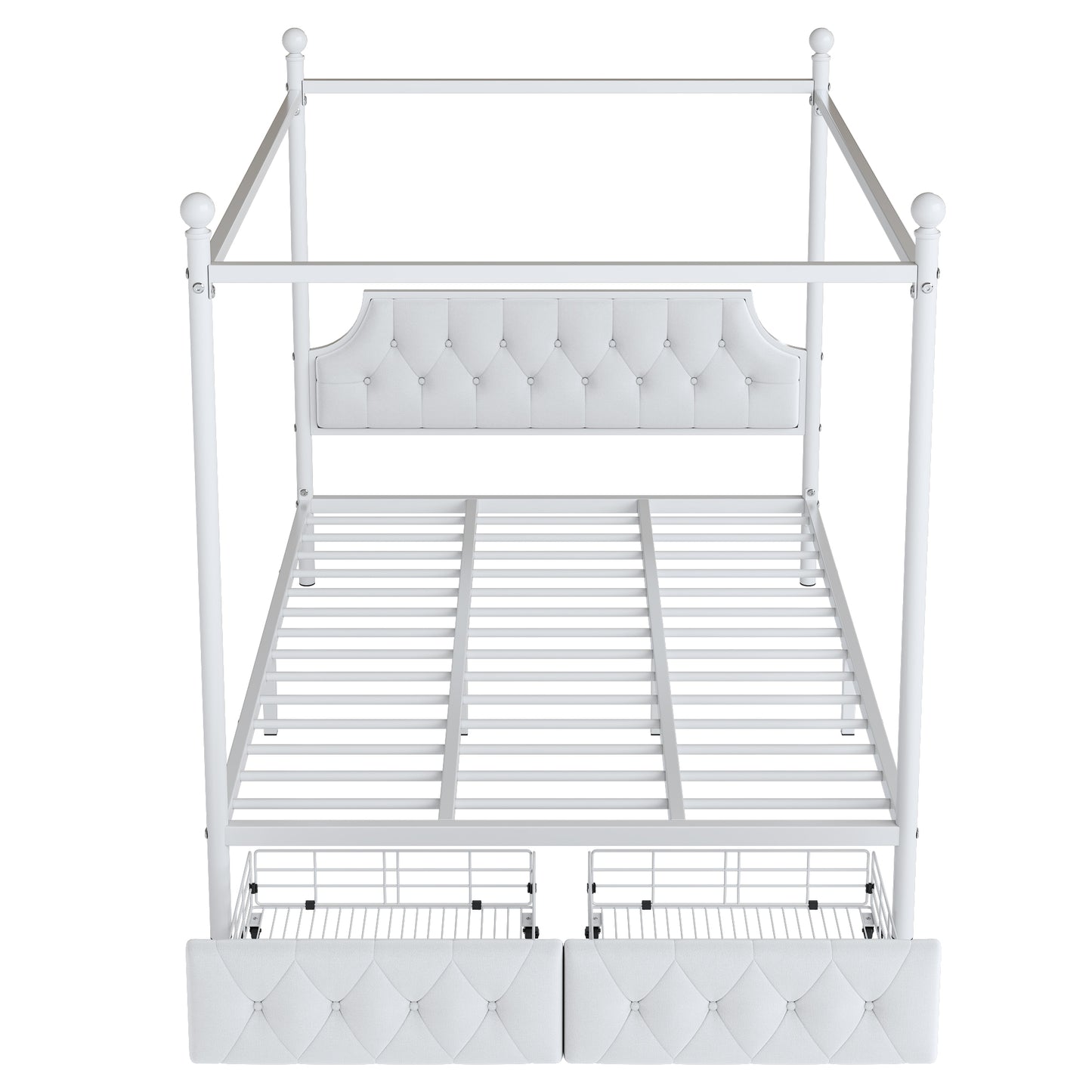 White upholstered canopy bed frame with tufted headboard and two storage drawers