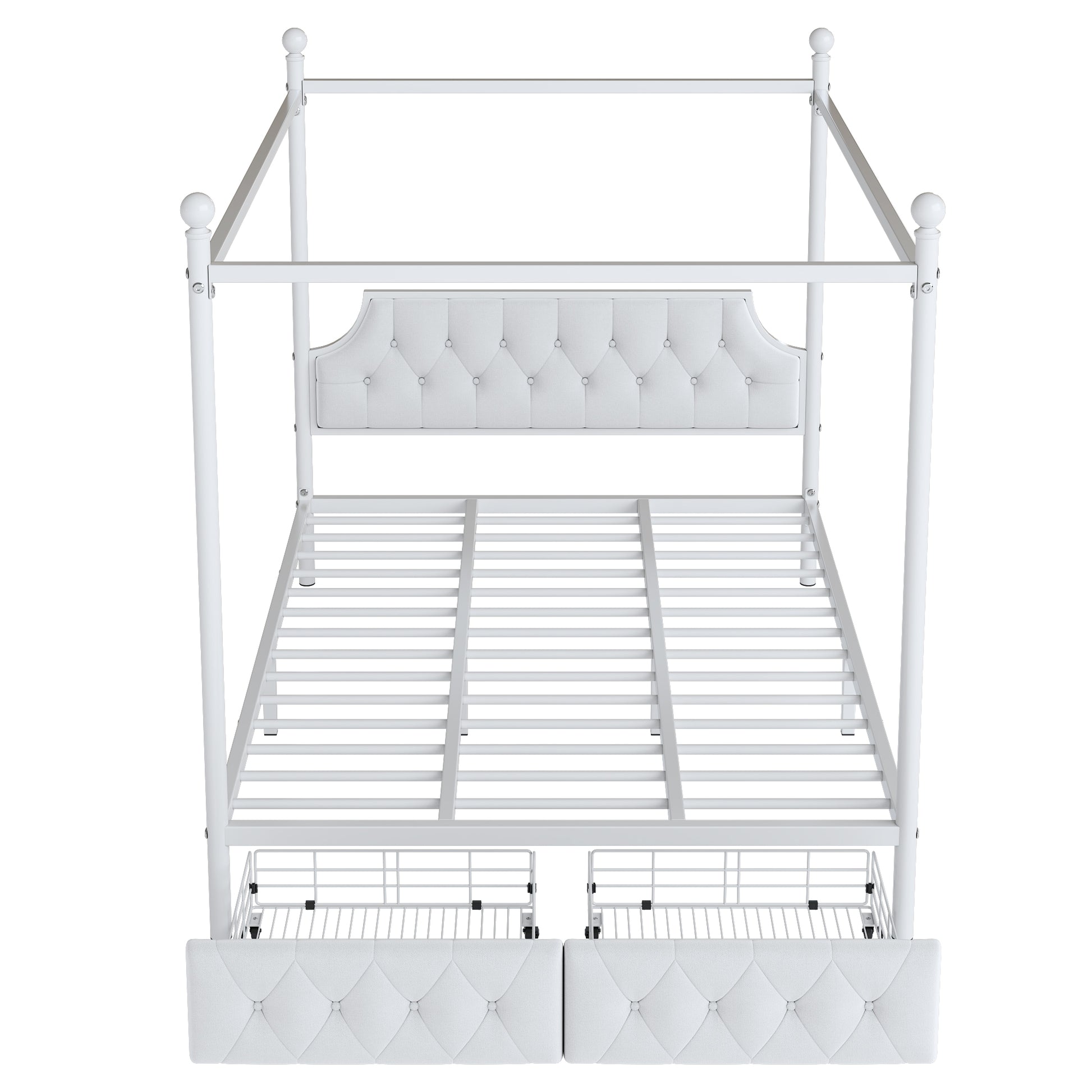 White upholstered canopy bed frame with tufted headboard and two storage drawers