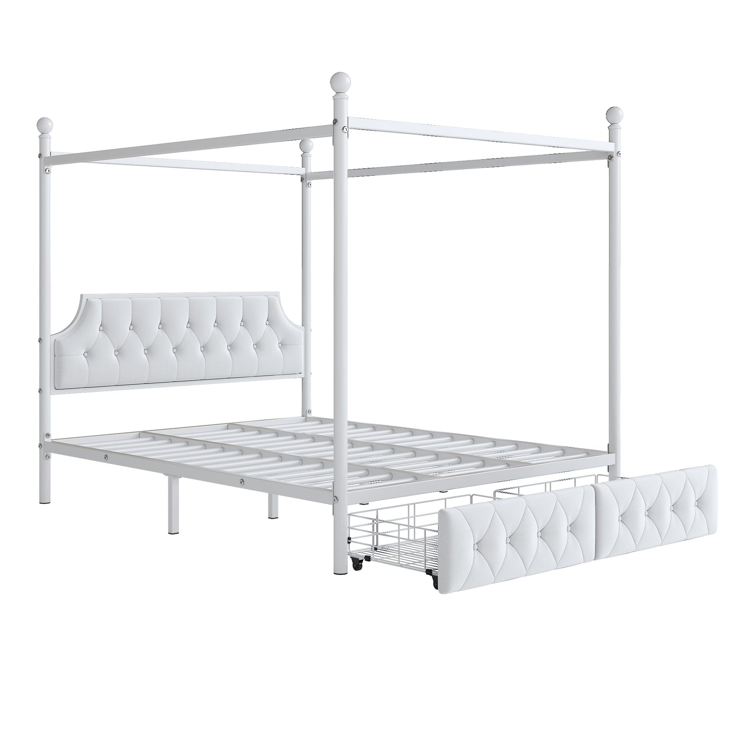 White metal canopy bed frame with tufted headboard and footboard