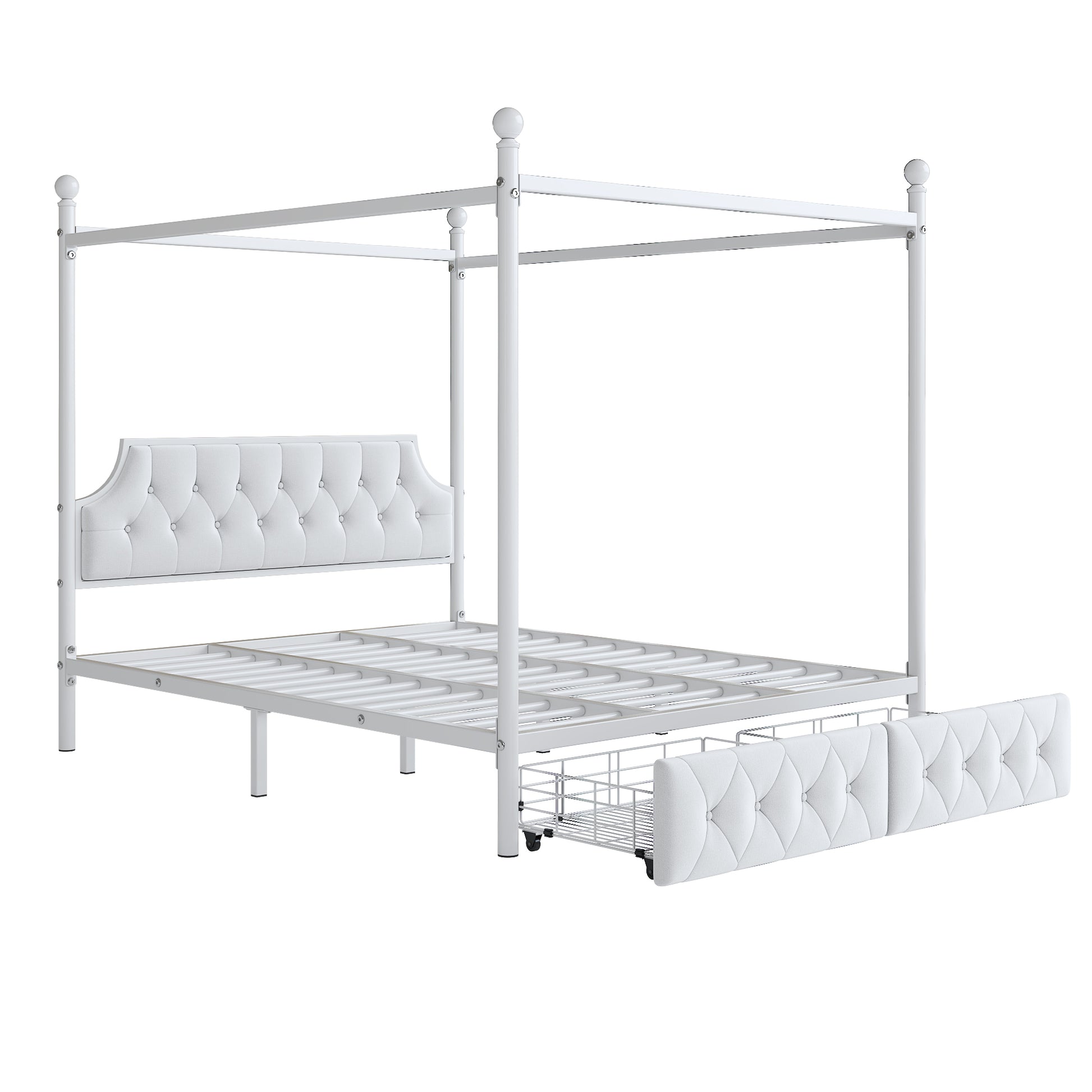 White metal canopy bed frame with tufted headboard and footboard