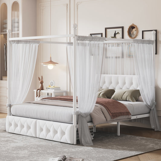 White tufted velvet bed frame with canopy and sheer curtains