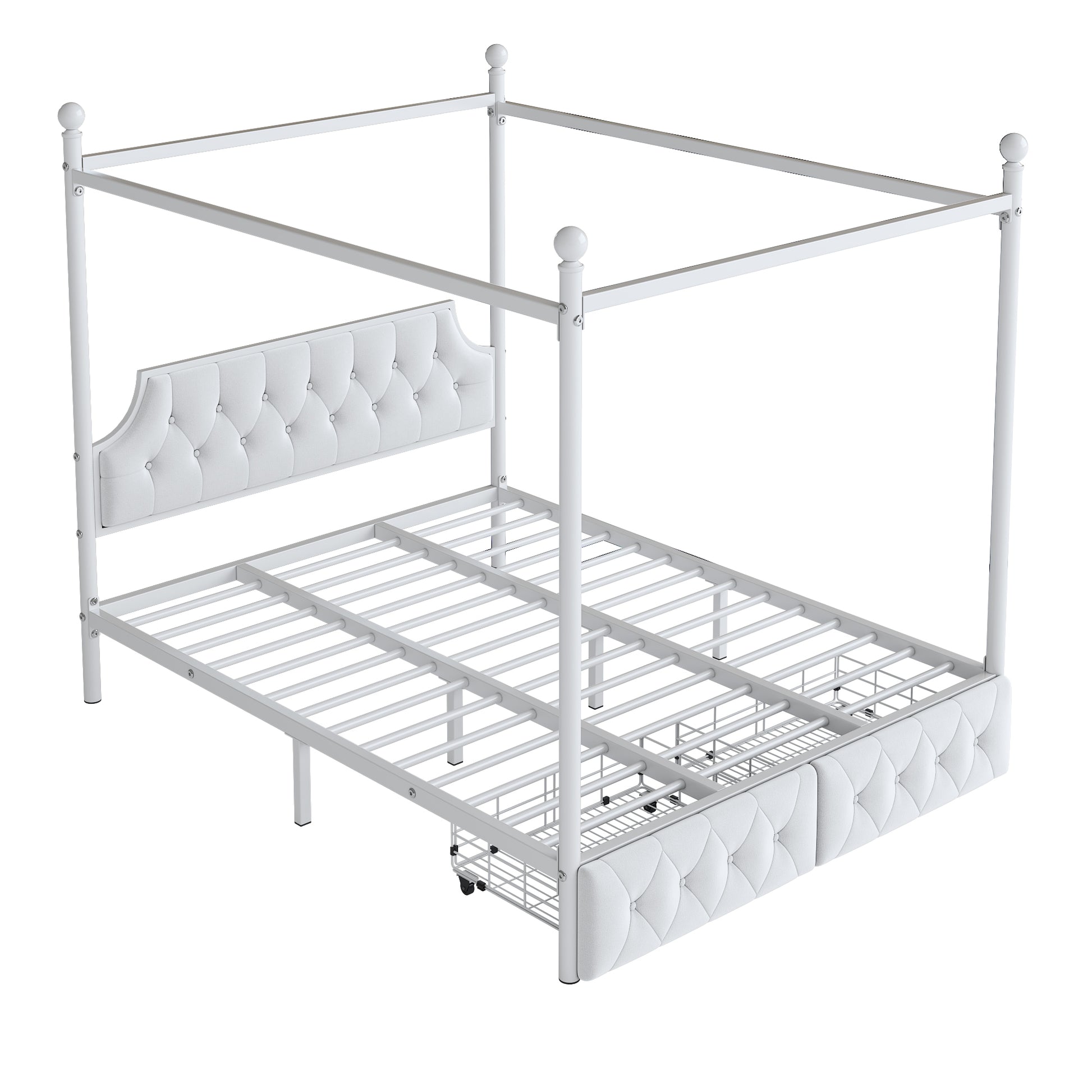 White tufted upholstered canopy bed frame with builtin drawers for storage
