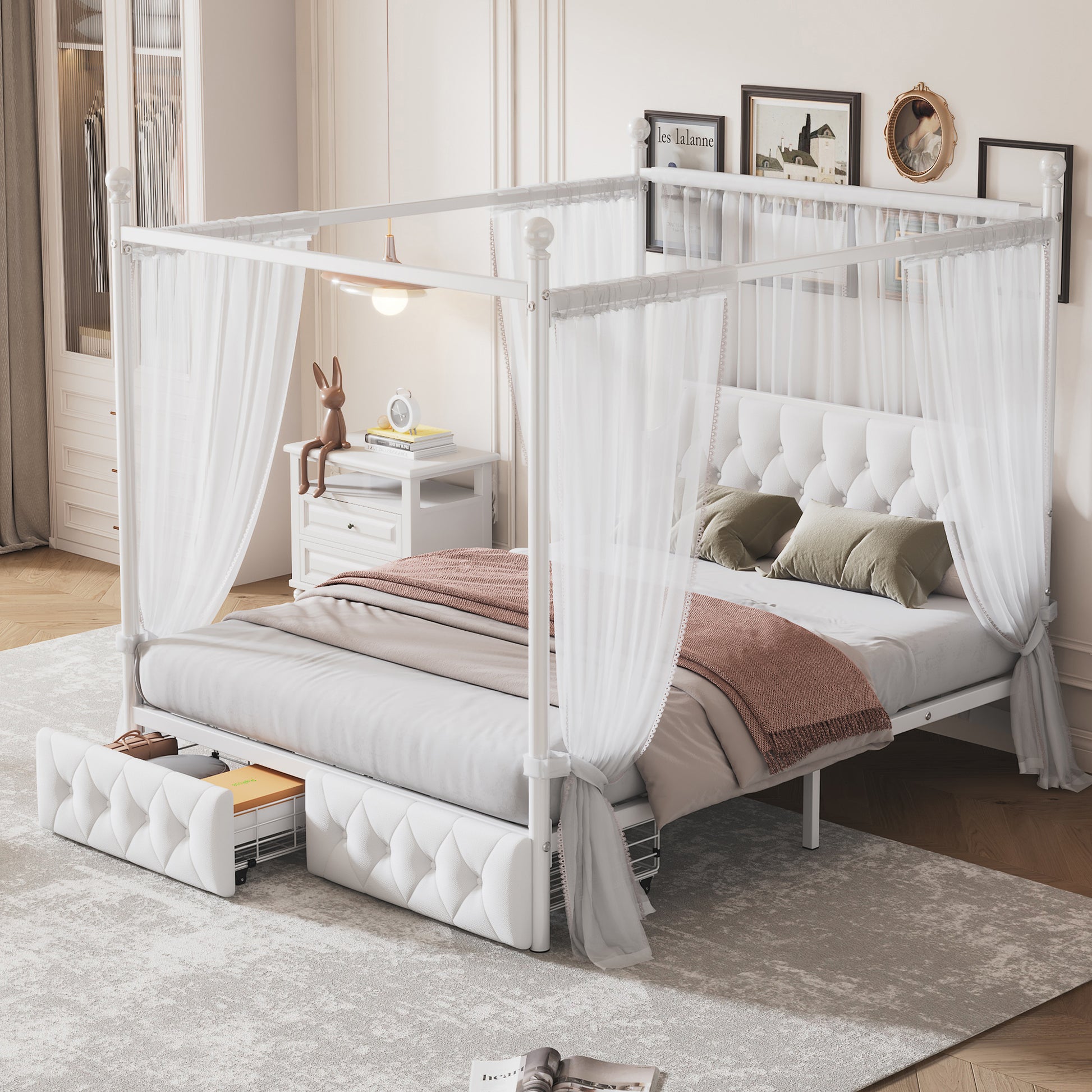 White metal canopy bed with tufted drawers