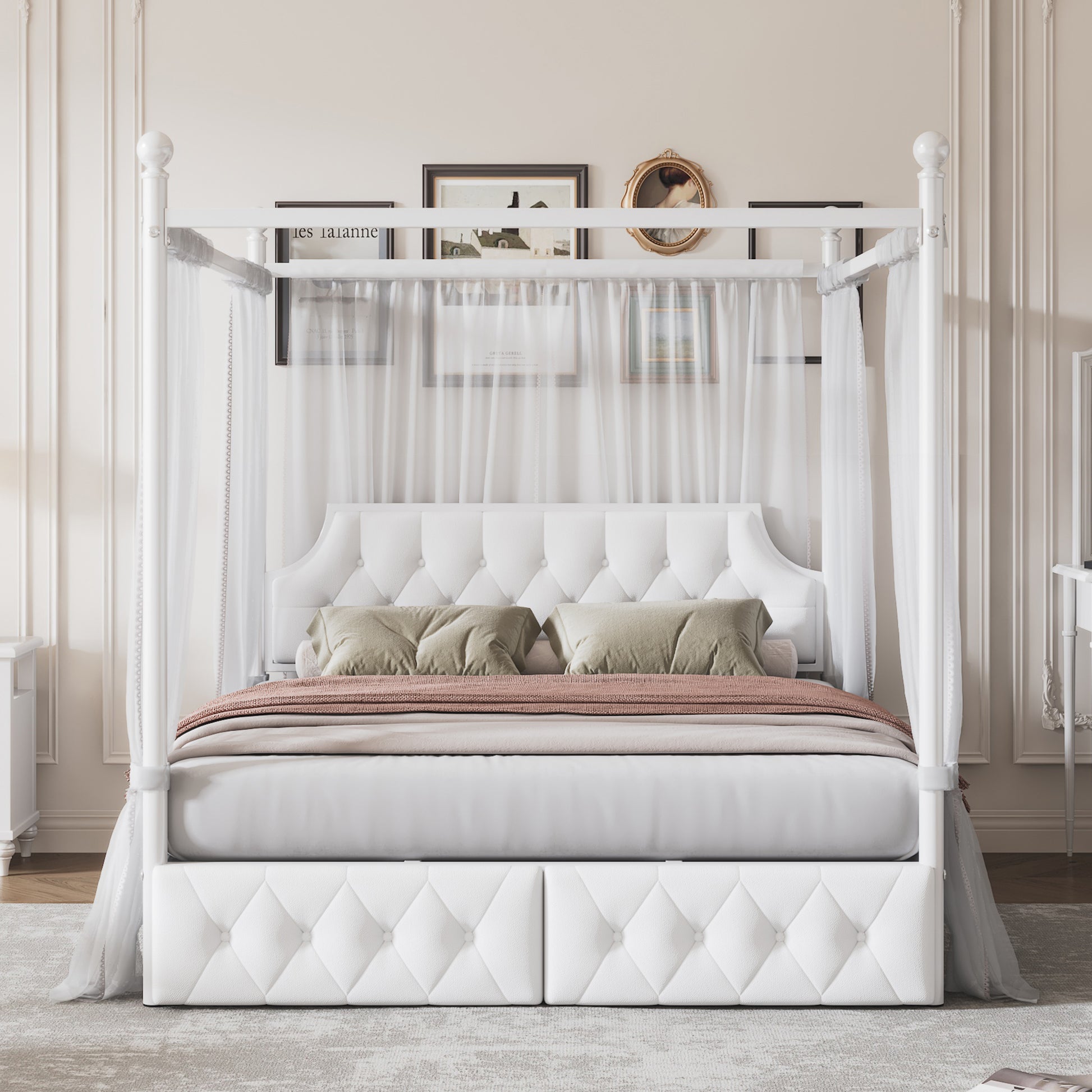 White tufted fourposter bed with white sheer canopy