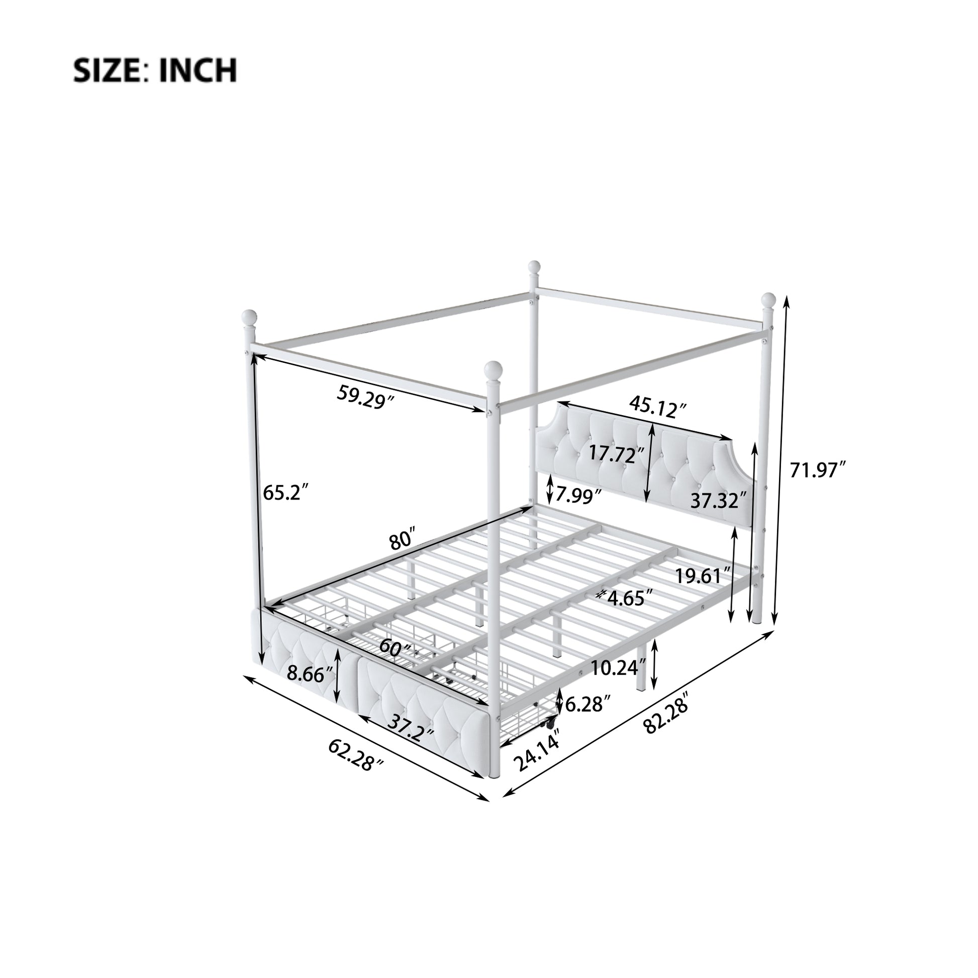 White metal canopy bed frame with tufted headboard and storage drawers dimensions shown