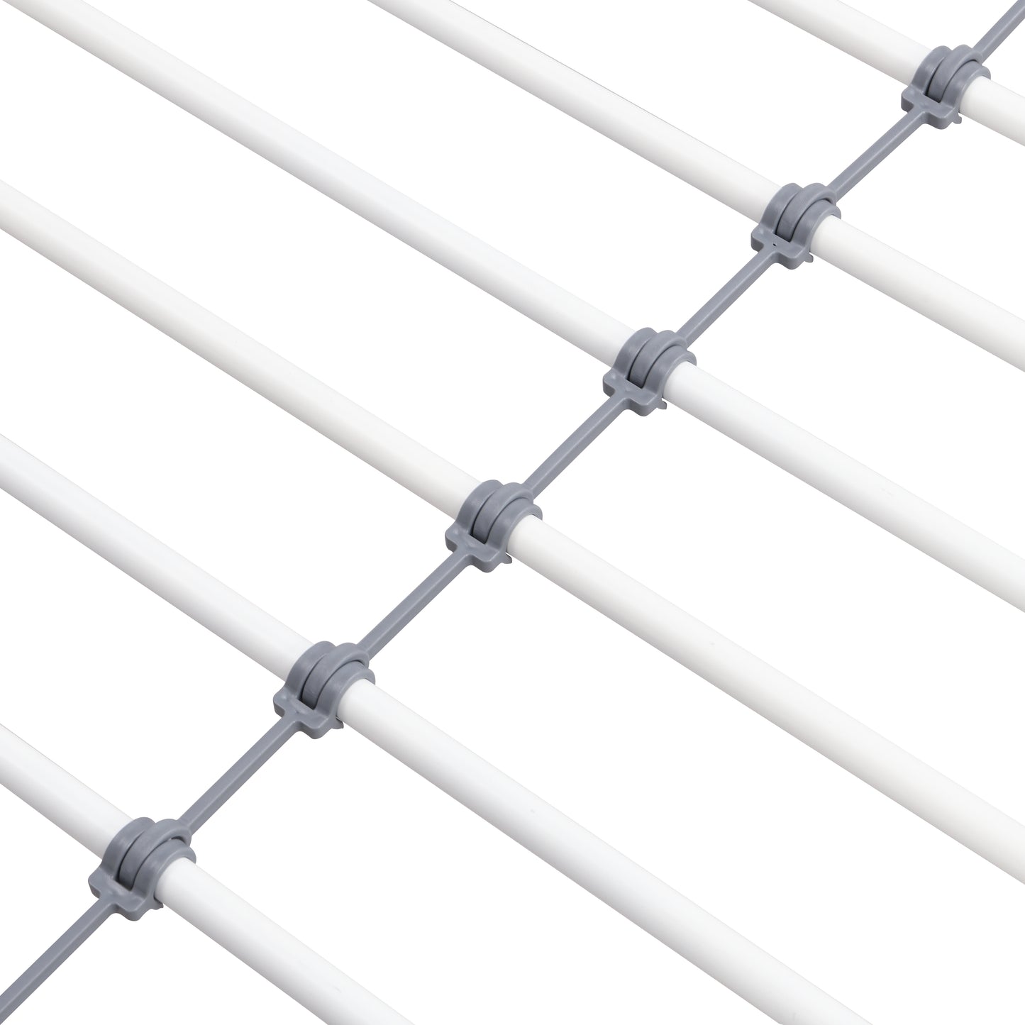 White plastic dryer rack crossbars with gray plastic connectors on a white background