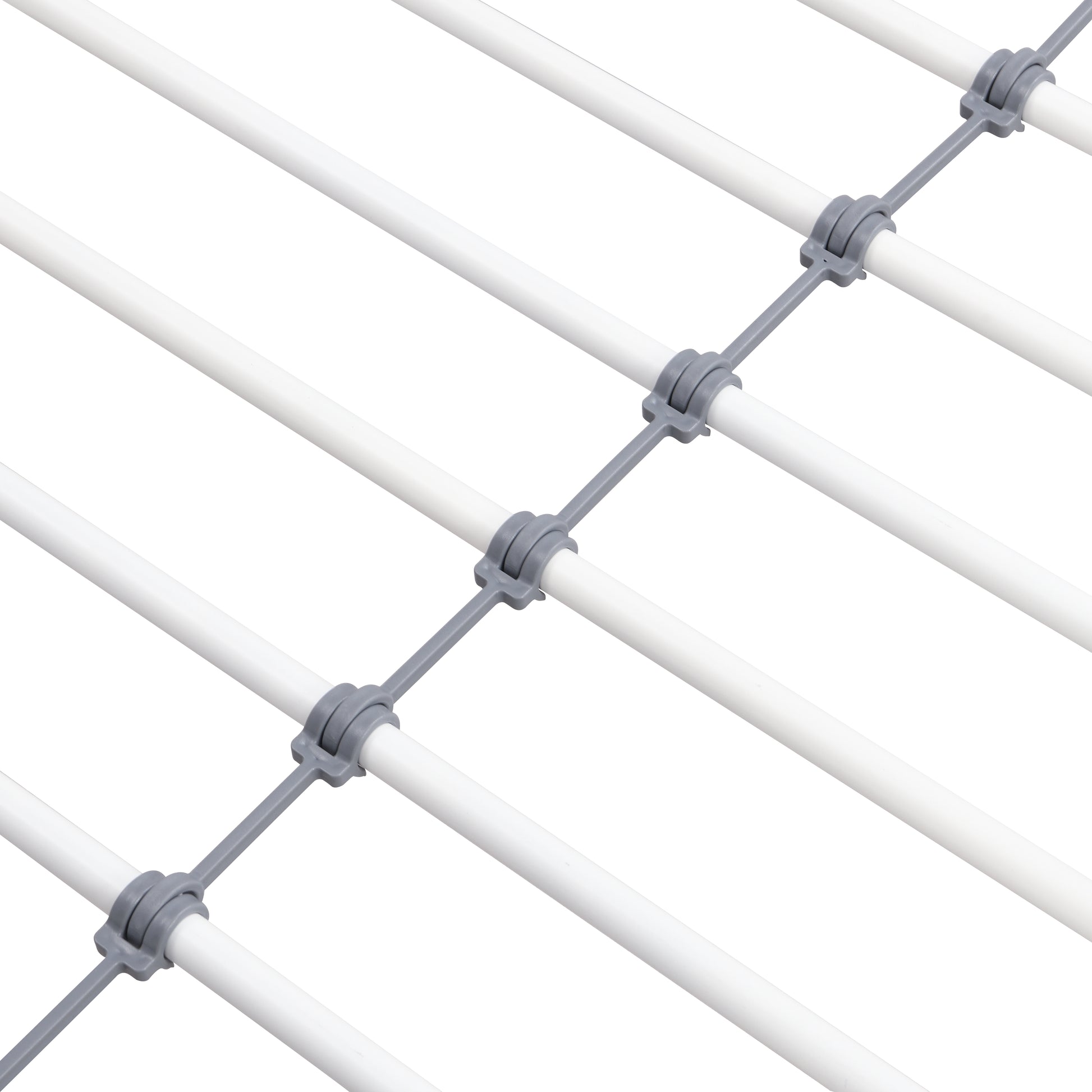 White plastic dryer rack crossbars with gray plastic connectors on a white background
