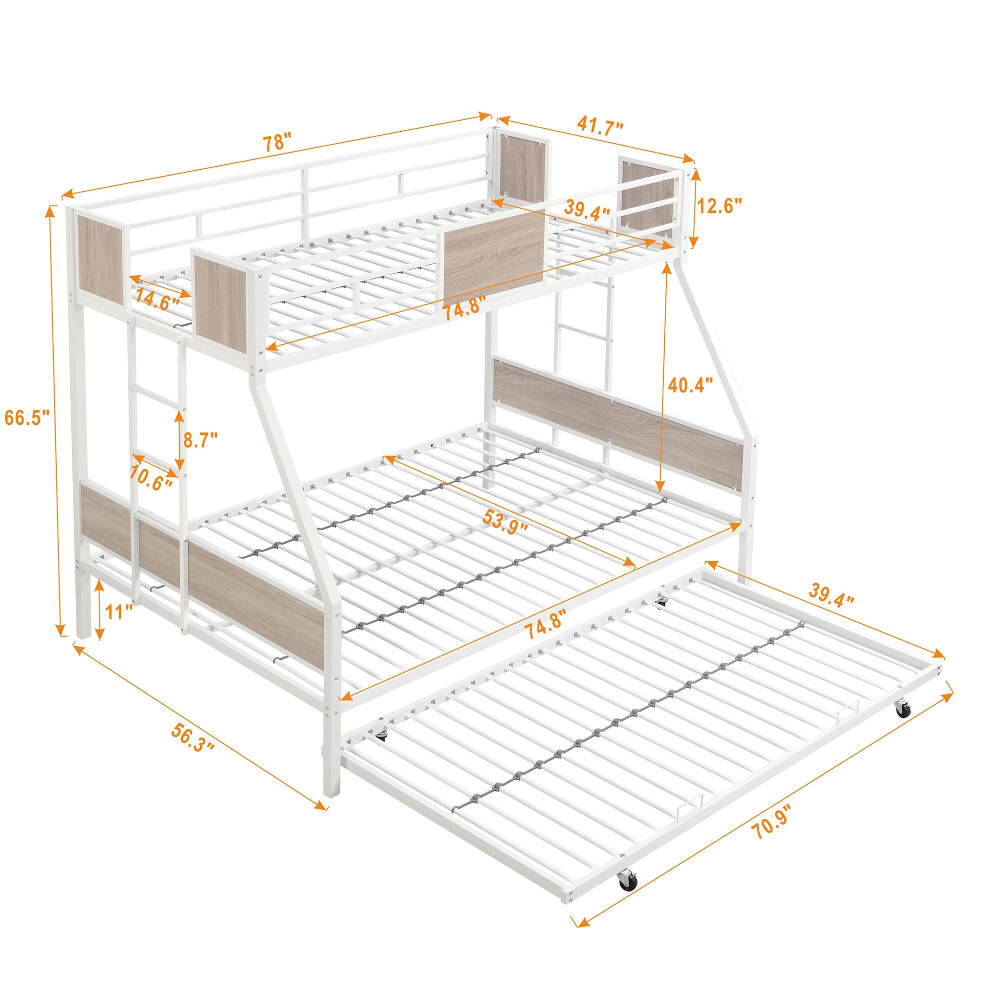 White metal triple bunk bed with woodgrain accents and rolling trundle