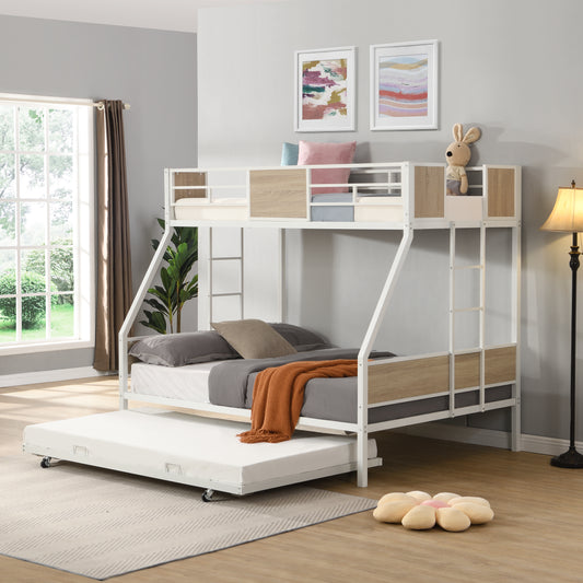 White metal bunk bed with wood accents and pullout trundle