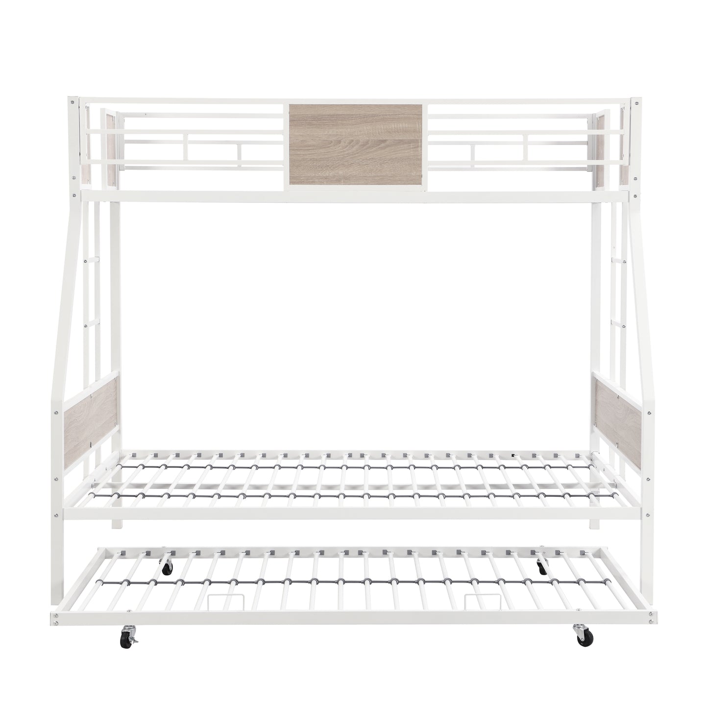 White metal bunk bed frame with light wood accents and trundle