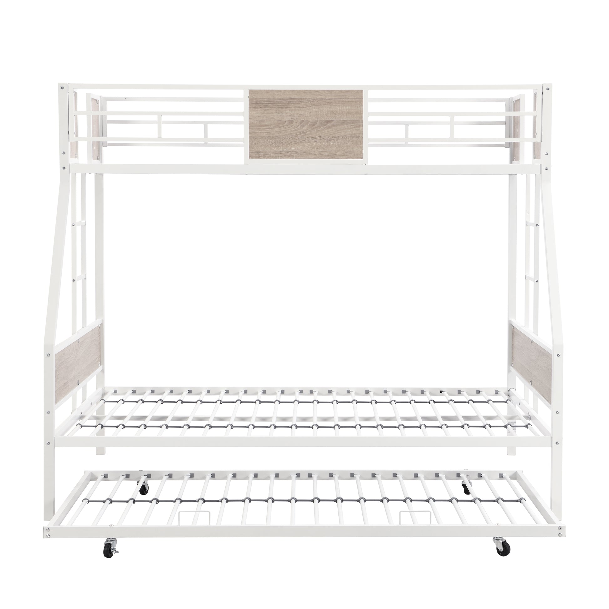 White metal bunk bed frame with light wood accents and trundle