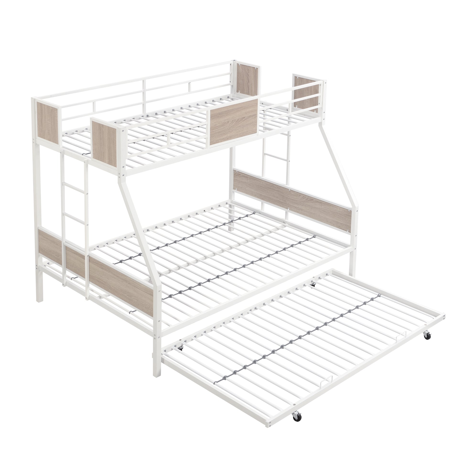 White metal triple bunk bed with pullout trundle and wood accents