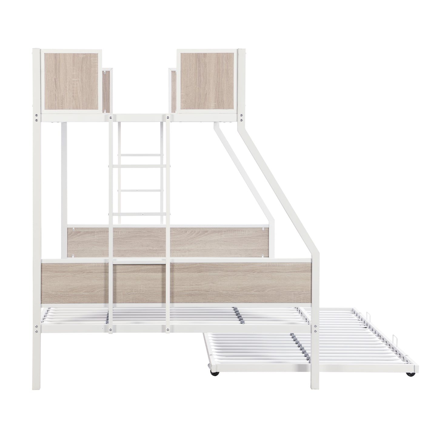 White metal and oak wood bunk bed with pullout trundle