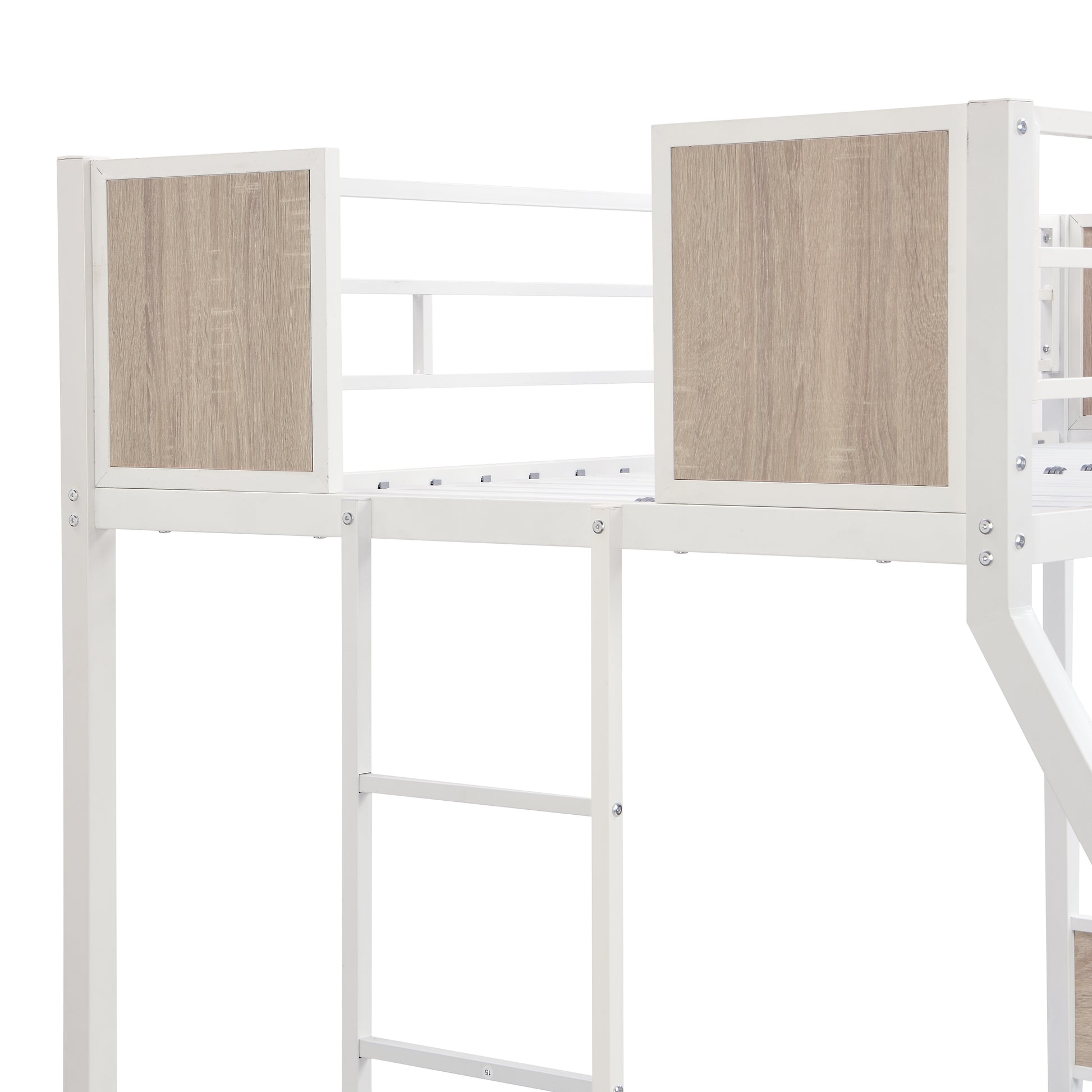 White metal loft bed frame with wood panel accents and ladder