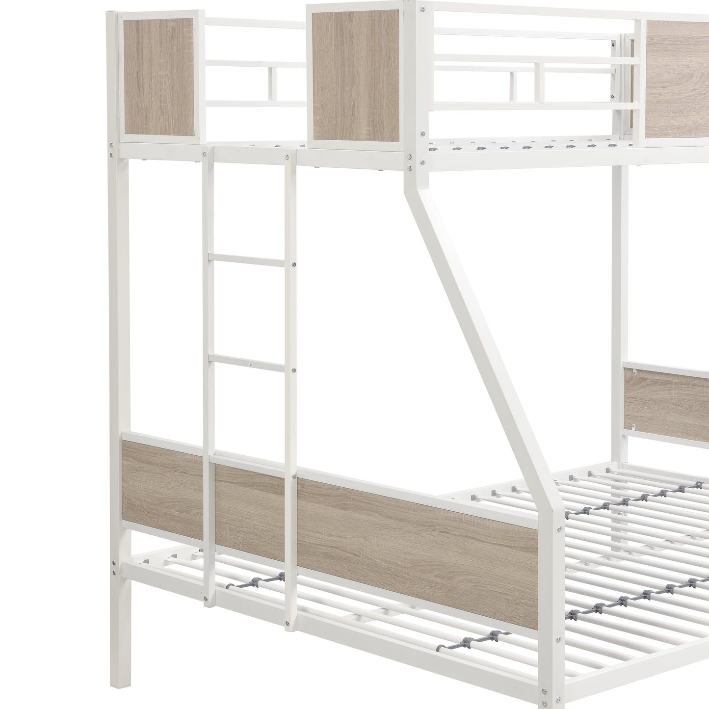 White metal bunk bed frame with woodlook panels for kids room
