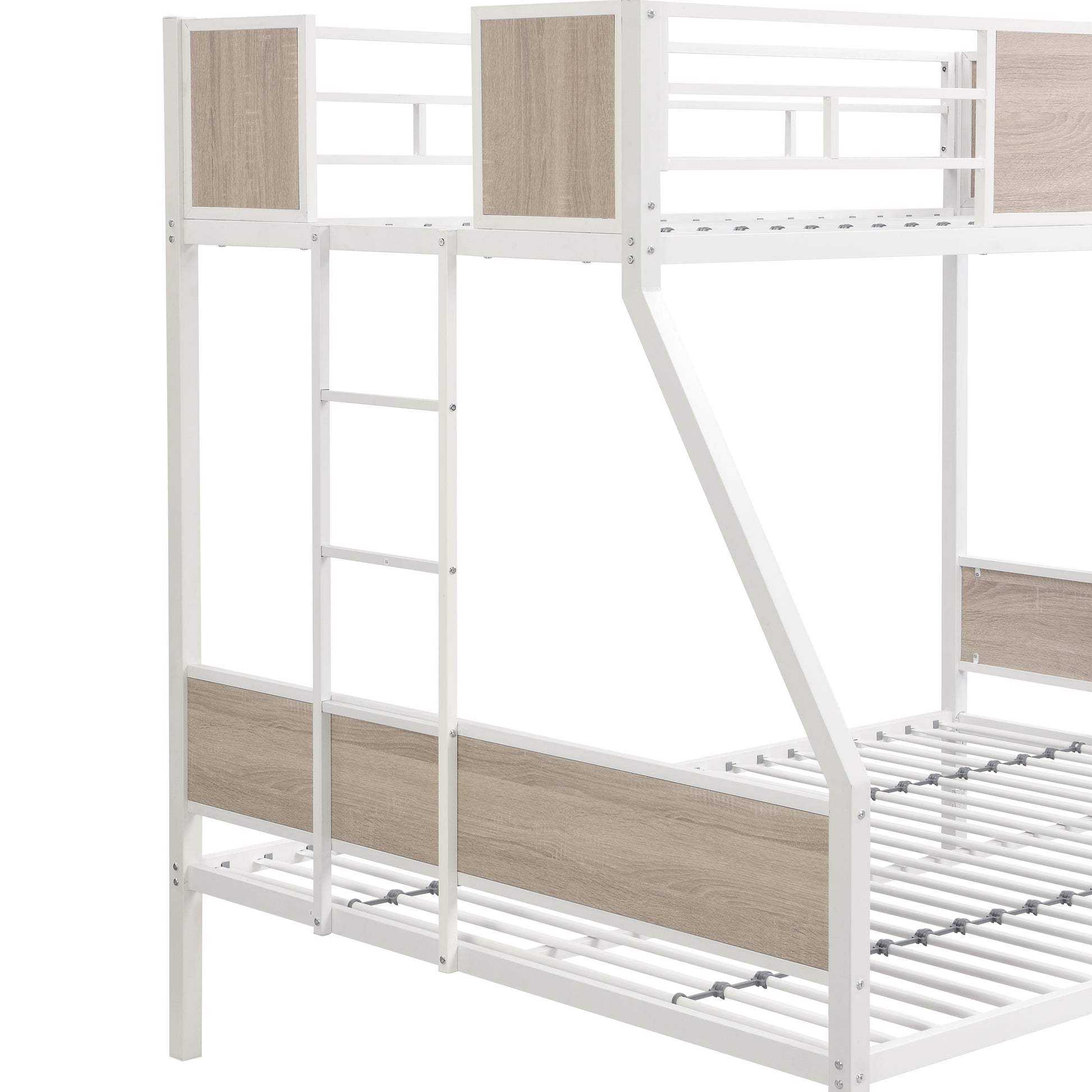 White metal bunk bed frame with woodlook panels for kids room