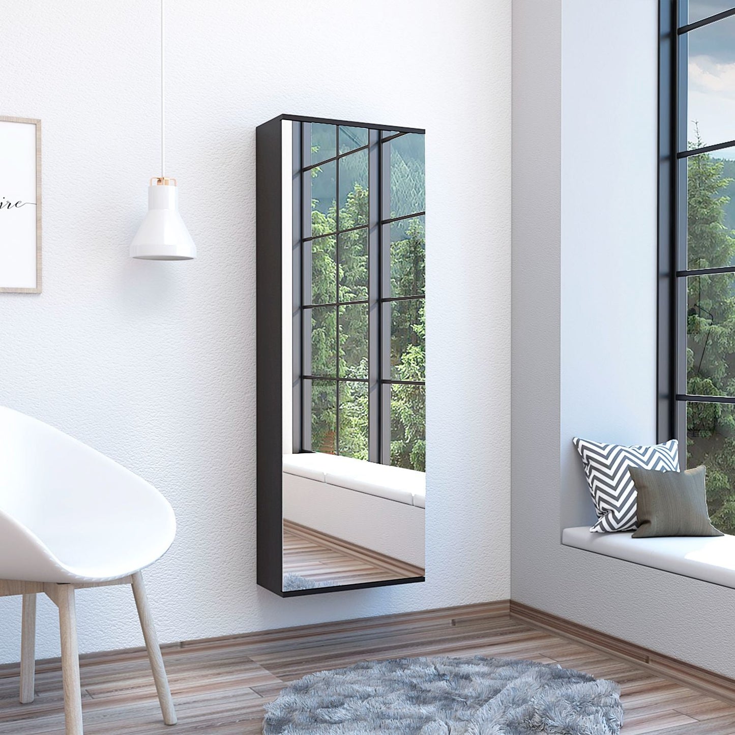 Black framed fulllength mirror with a reflective surface