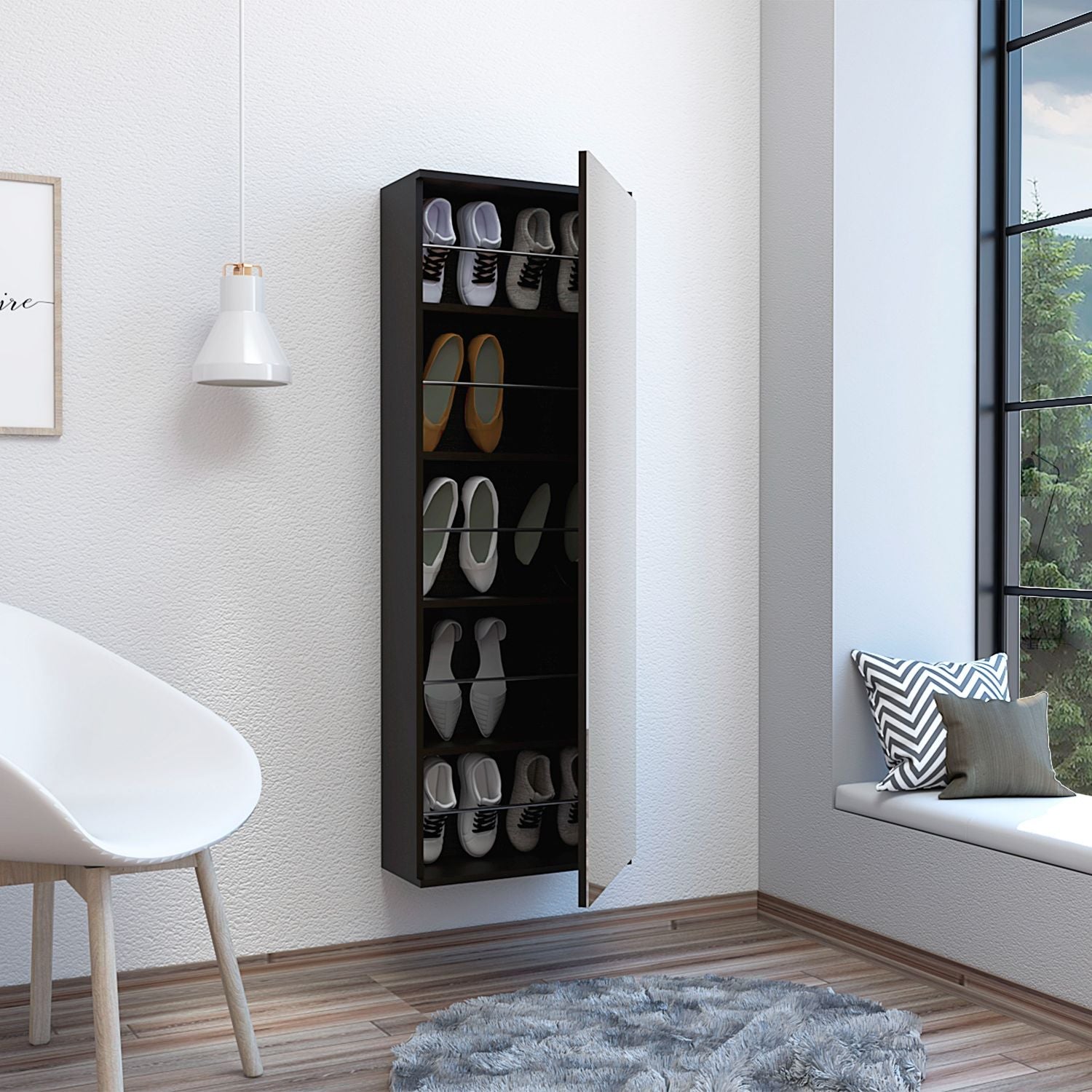 Slim black wallmounted shoe cabinet holding various shoes on shelves