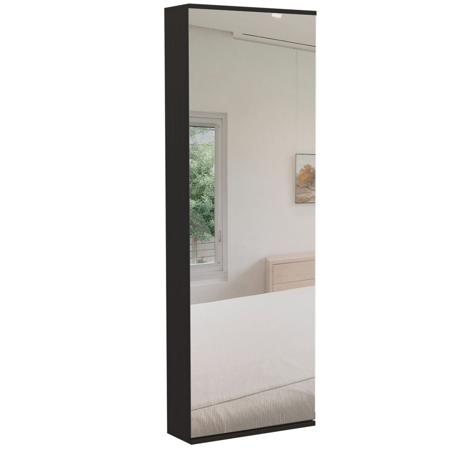 Tall black wood wardrobe with a fulllength mirrored door