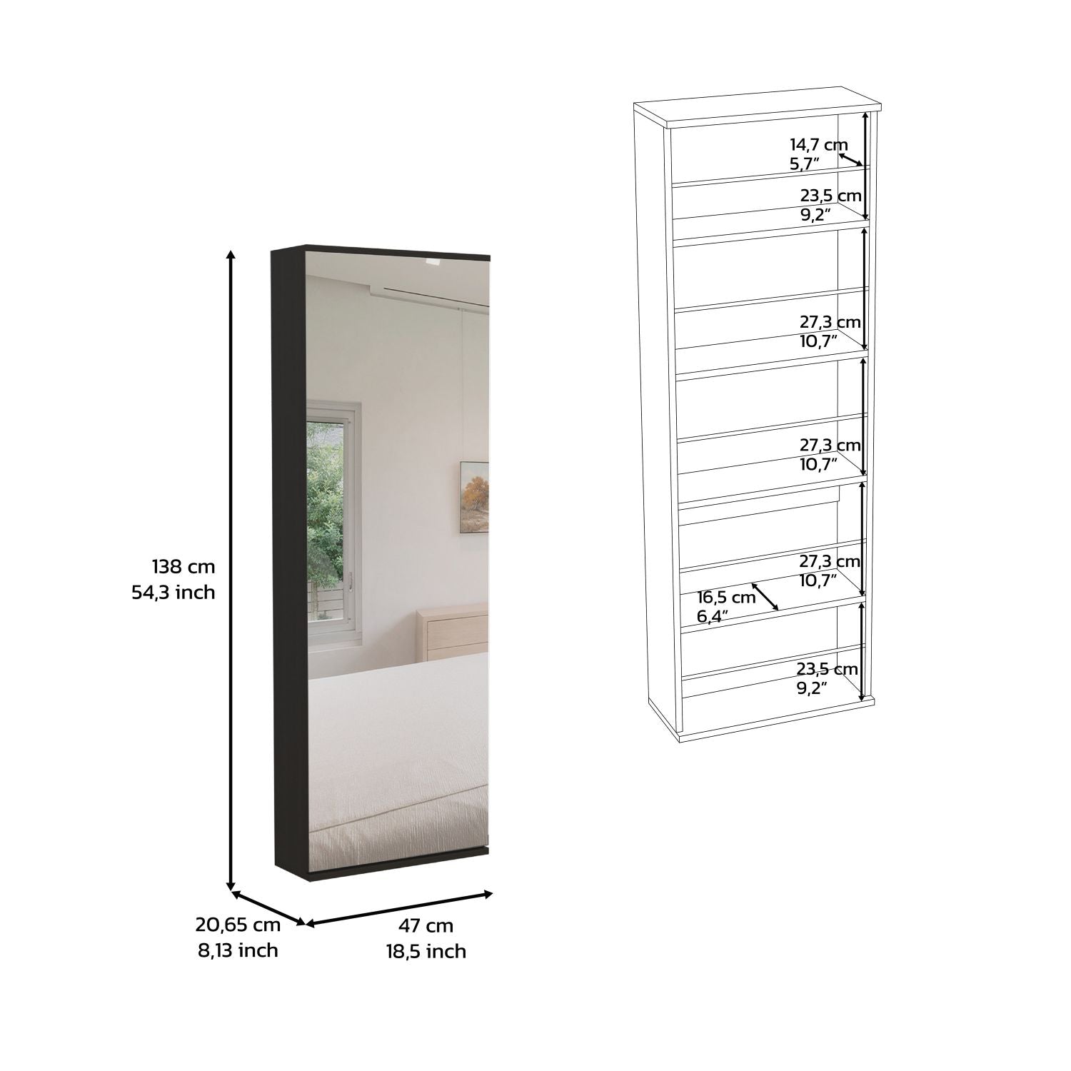 Tall black framed mirror with dimensions shown