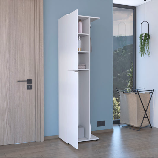 White narrow bathroom cabinet with open shelving for toiletries
