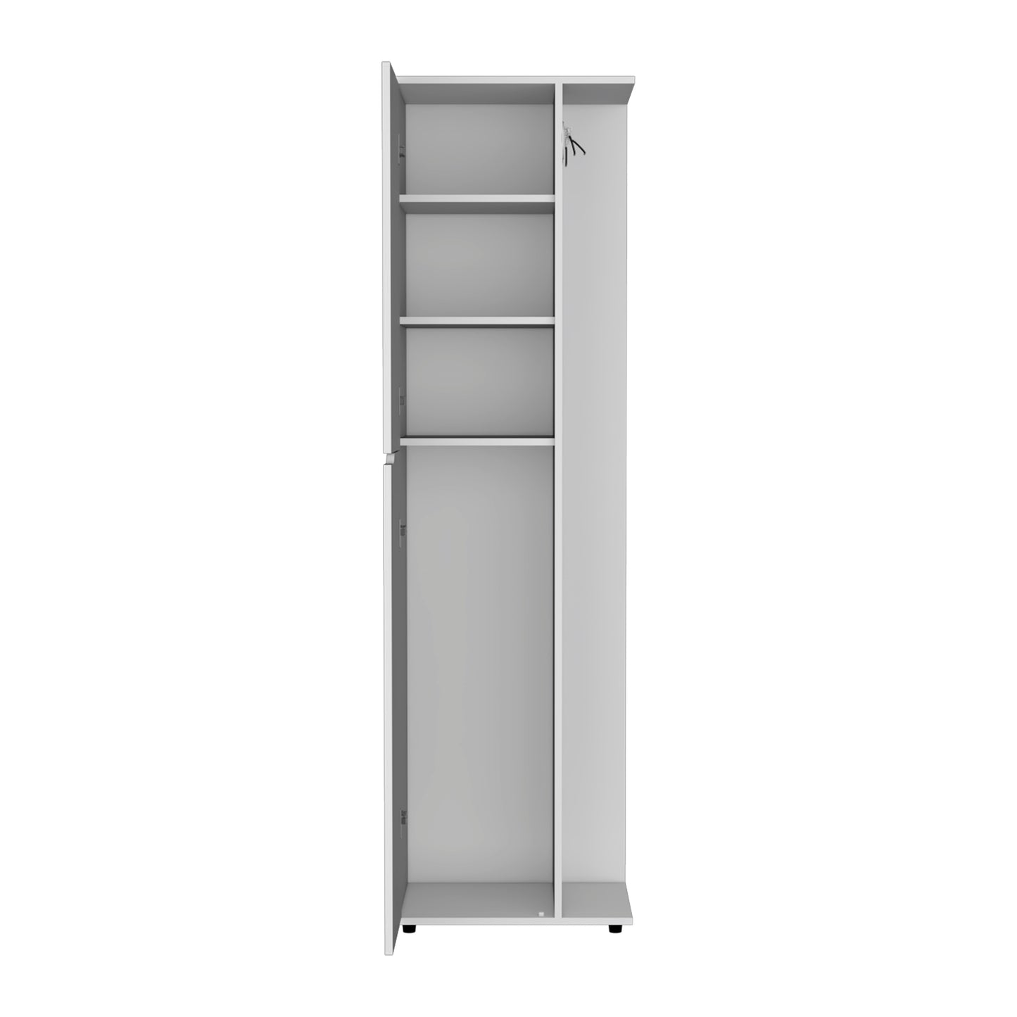 White minimalist wardrobe with open door and shelves